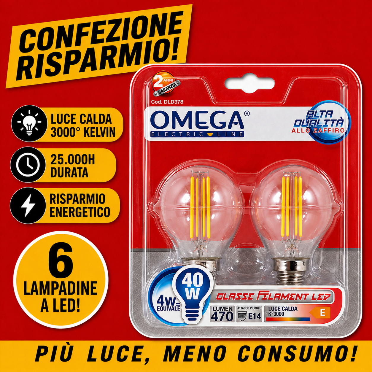 Confezione risparmio 6 lampadine LED OMEGA Filament A60 E27 8W. 4000K luce naturale