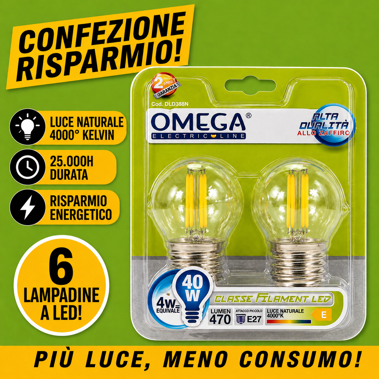 Confezione risparmio da 6 lampadine LED OMEGA Filament A60 E27 4W 470 Lumen 4000K luce naturale