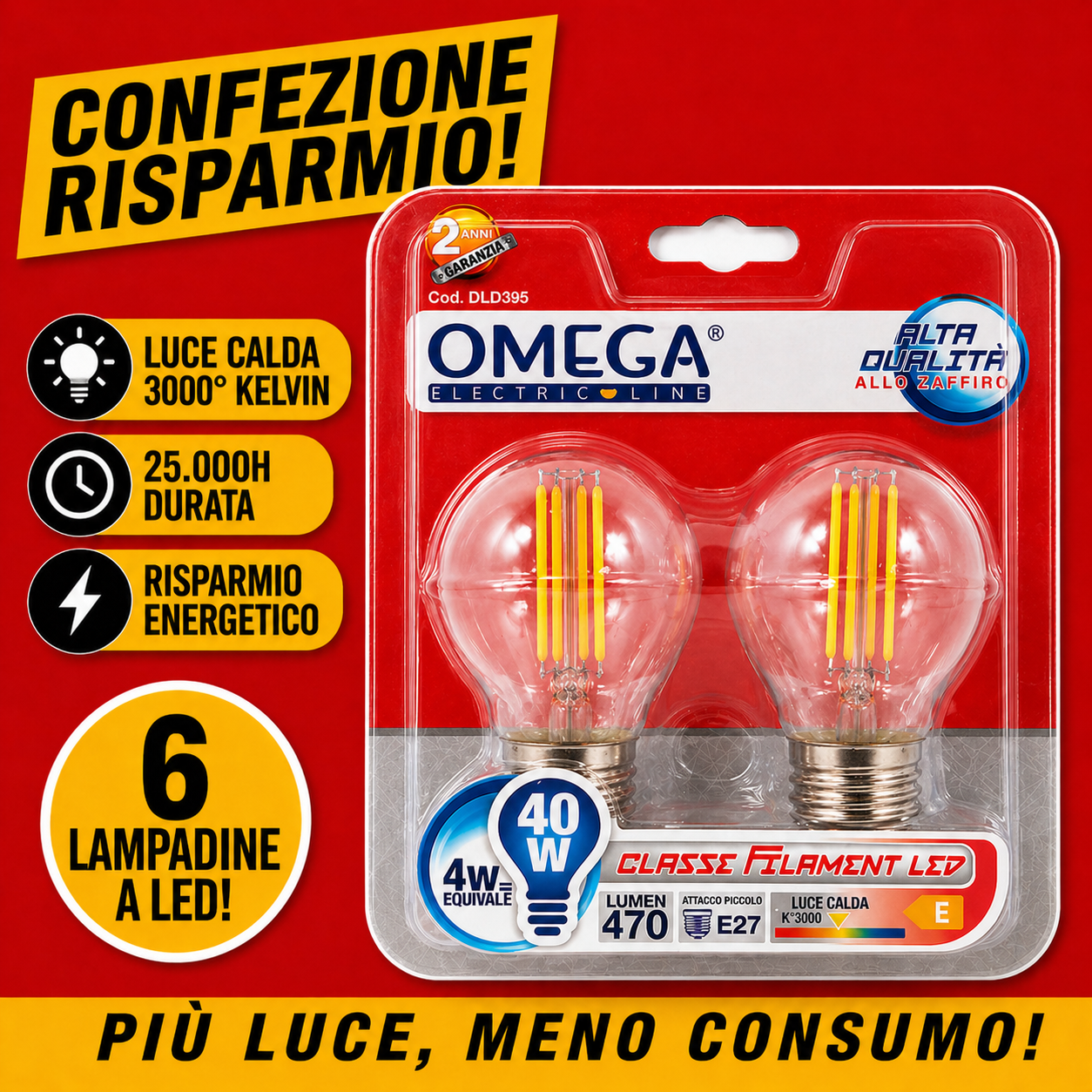 Confezione risparmio da 6 lampadine LED OMEGA Filament A60 E27 4W 470 Lumen 4000K luce naturale