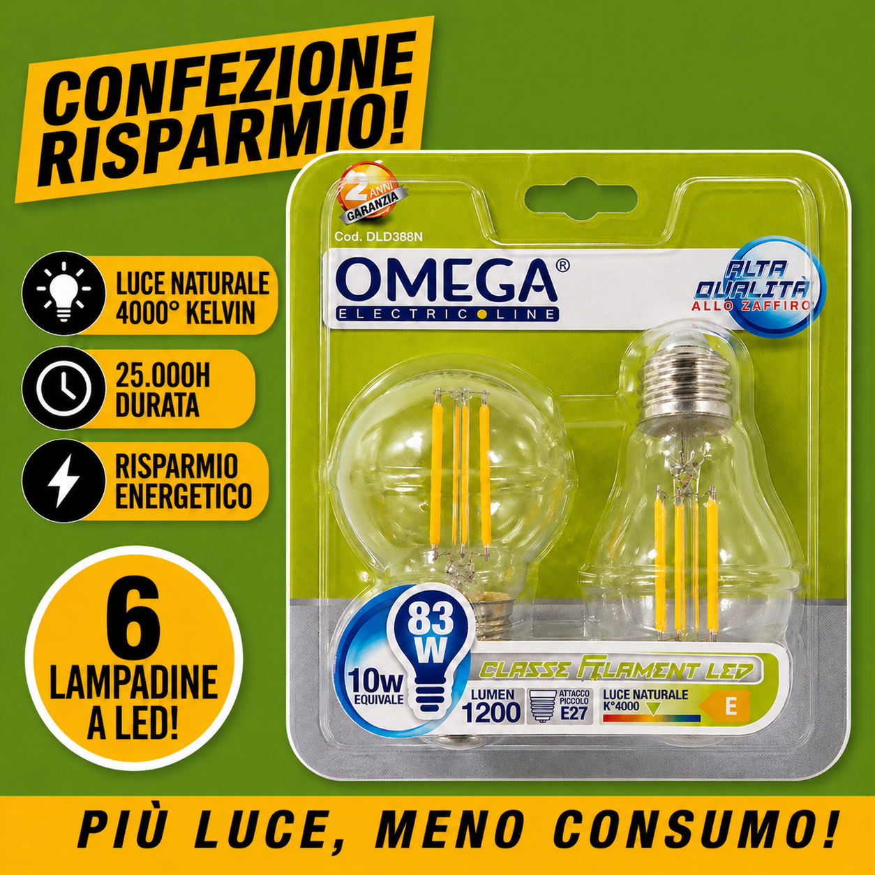Confezione risparmio da 6 lampadine LED OMEGA Filament A60 E27 10W 1200 Lumen 4000K luce naturale