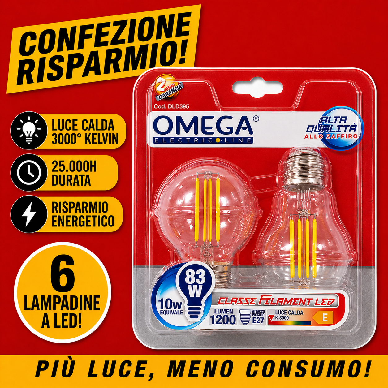 Confezione risparmio da 6 lampadine LED OMEGA Filament A60 E27 10W 1200 Lumen 4000K luce naturale