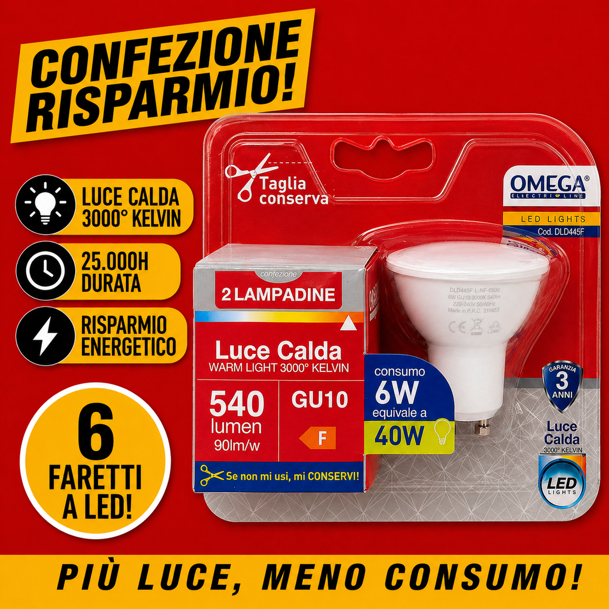 Confezione da 6 faretti LED OMEGA GU10 6W 4000K luce naturale