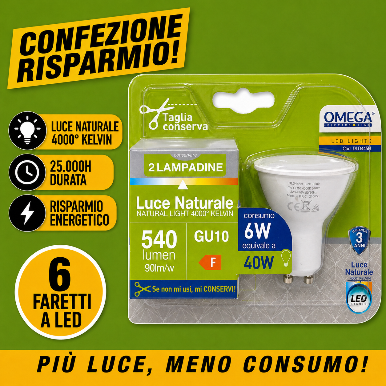Confezione da 6 faretti LED OMEGA GU10 6W 4000K luce naturale