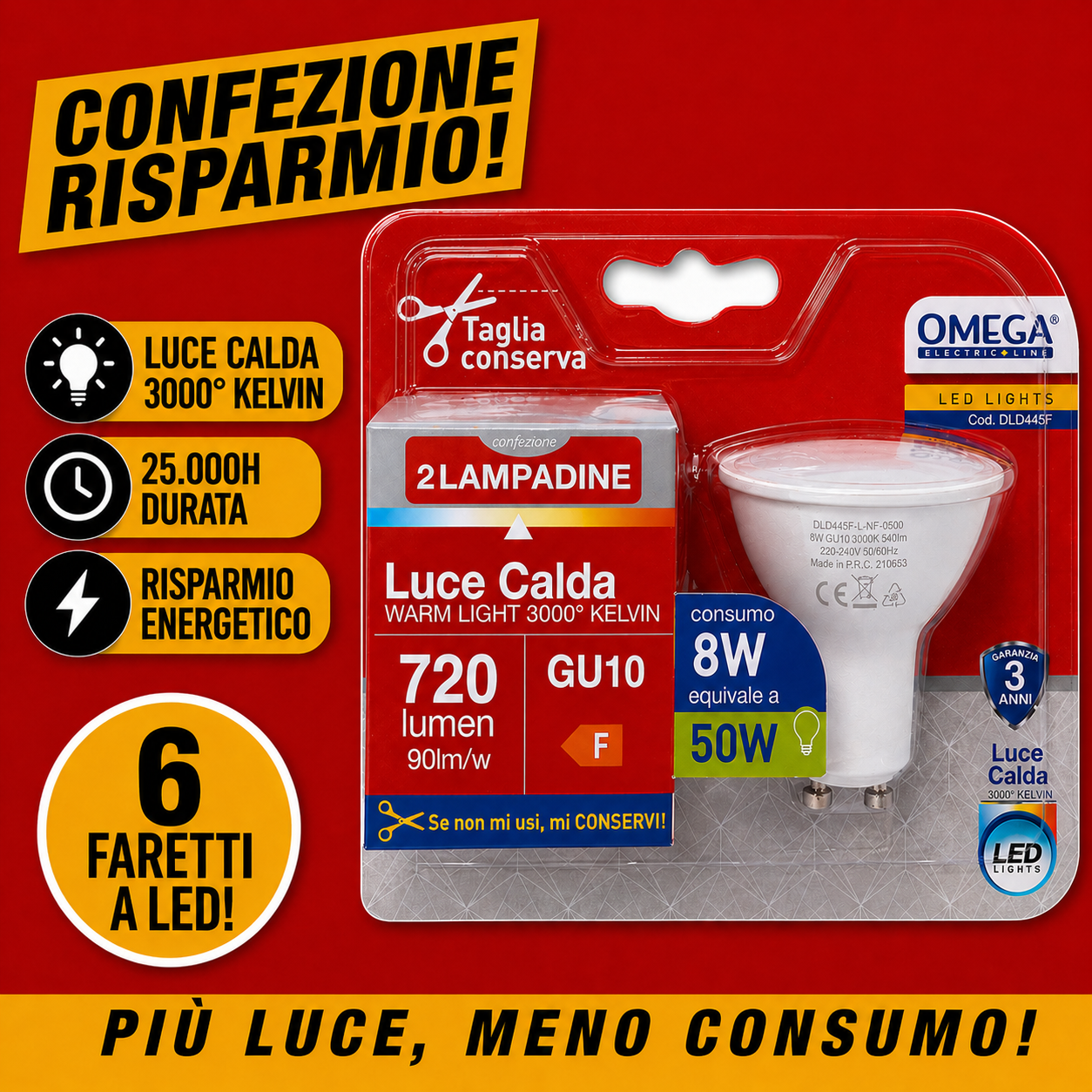 Confezione da 6 faretti LED OMEGA GU10 8W ad alta luminosità