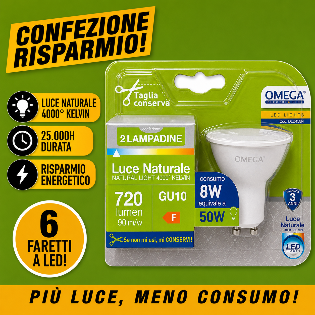 Confezione da 6 faretti LED OMEGA GU10 8W ad alta luminosità