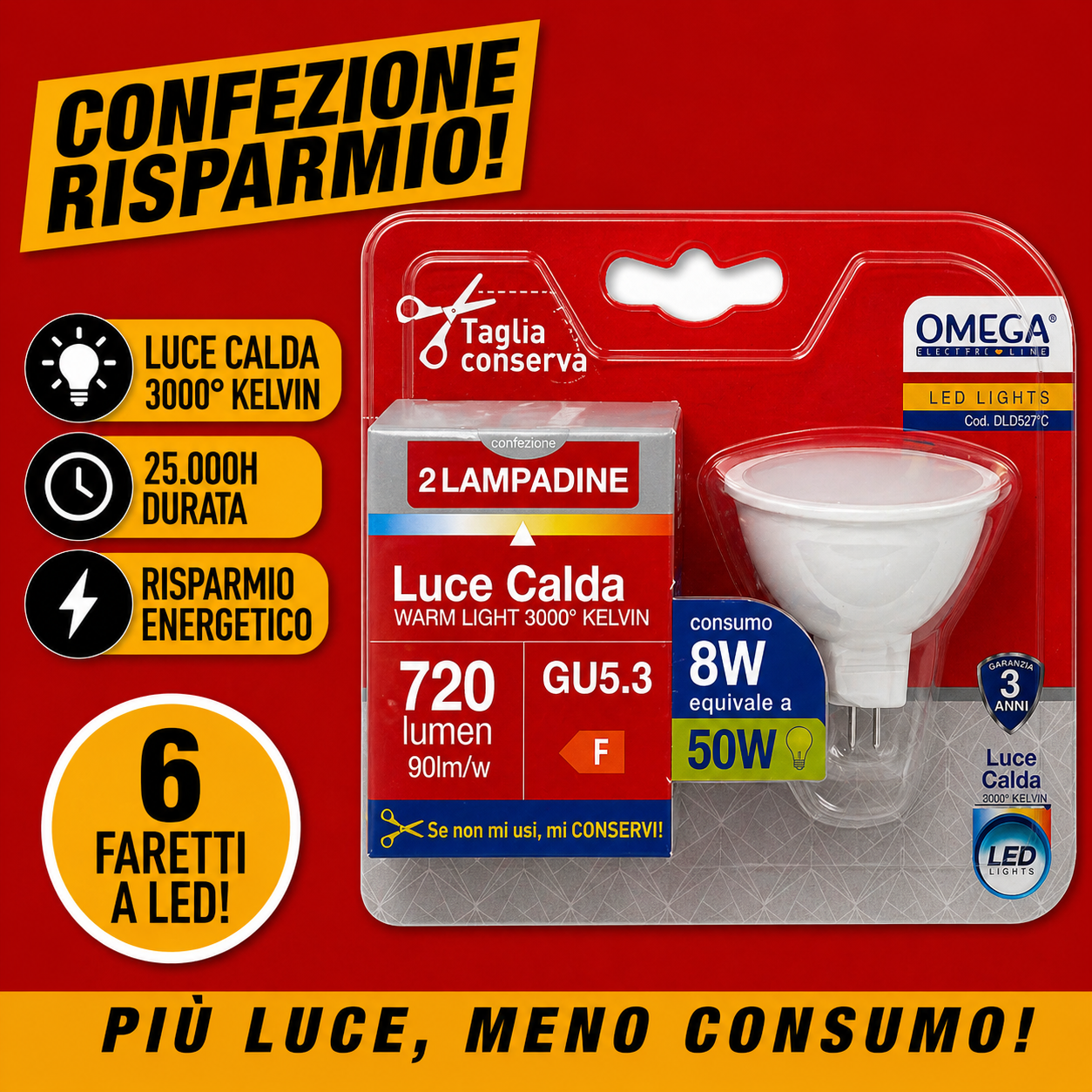Set 6 faretti LED OMEGA MR16 GU5.3 con visione dei connettori a pin
