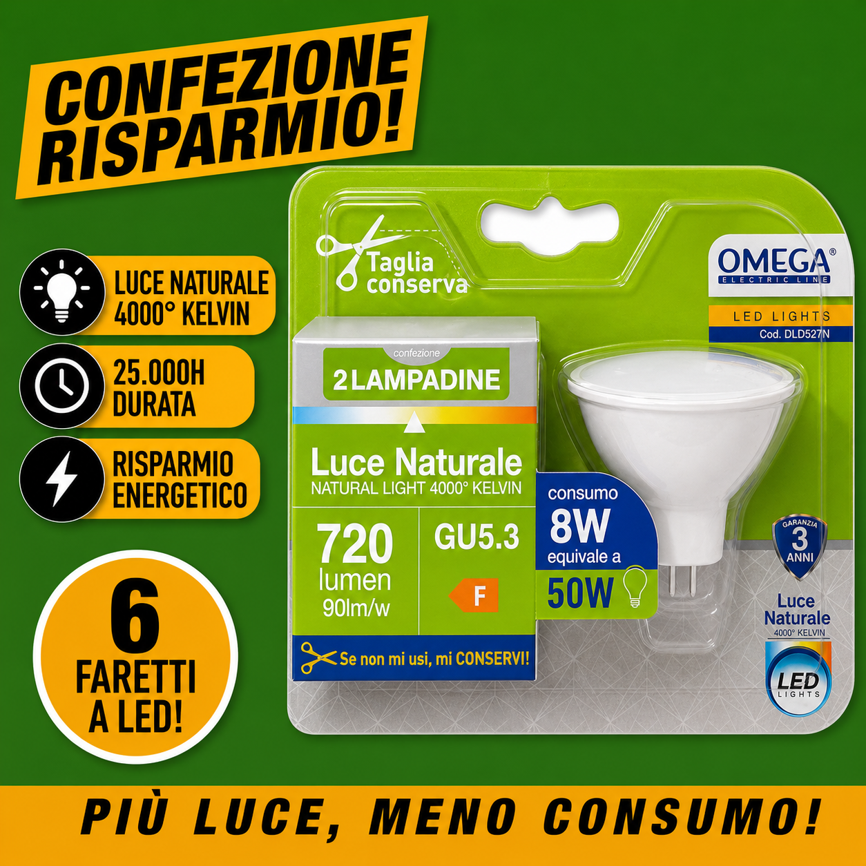 Set 6 faretti LED OMEGA MR16 GU5.3 con visione dei connettori a pin