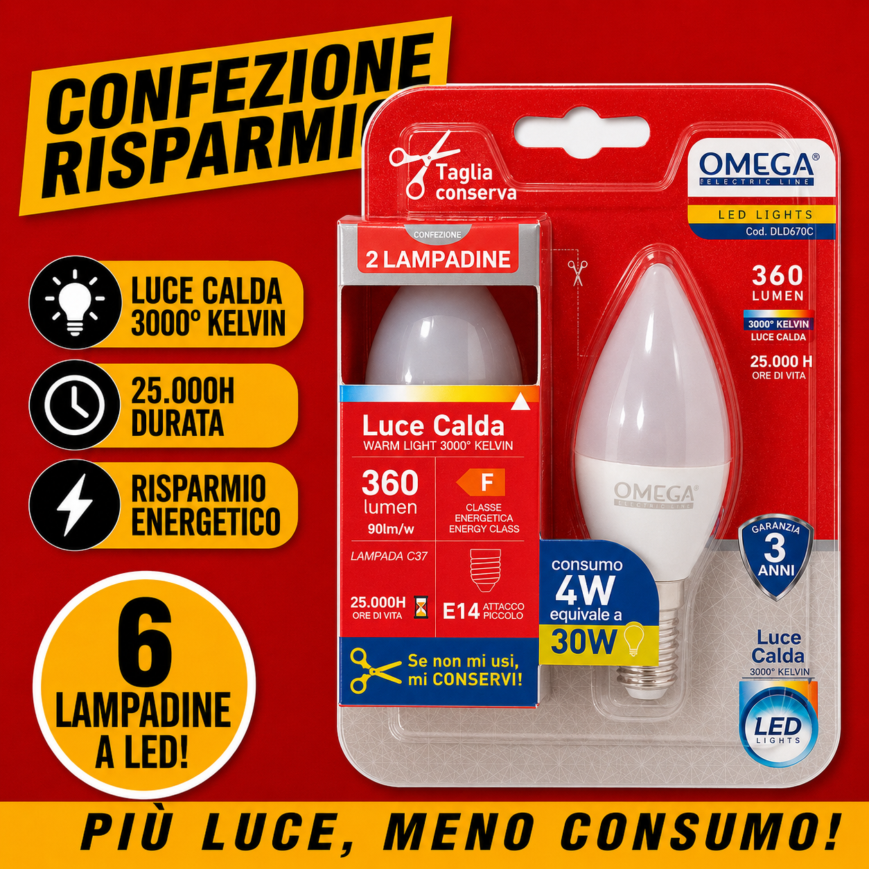 OMEGA Set 6 Lampadine LED Sfera 4W E14 luce naturale 4000K