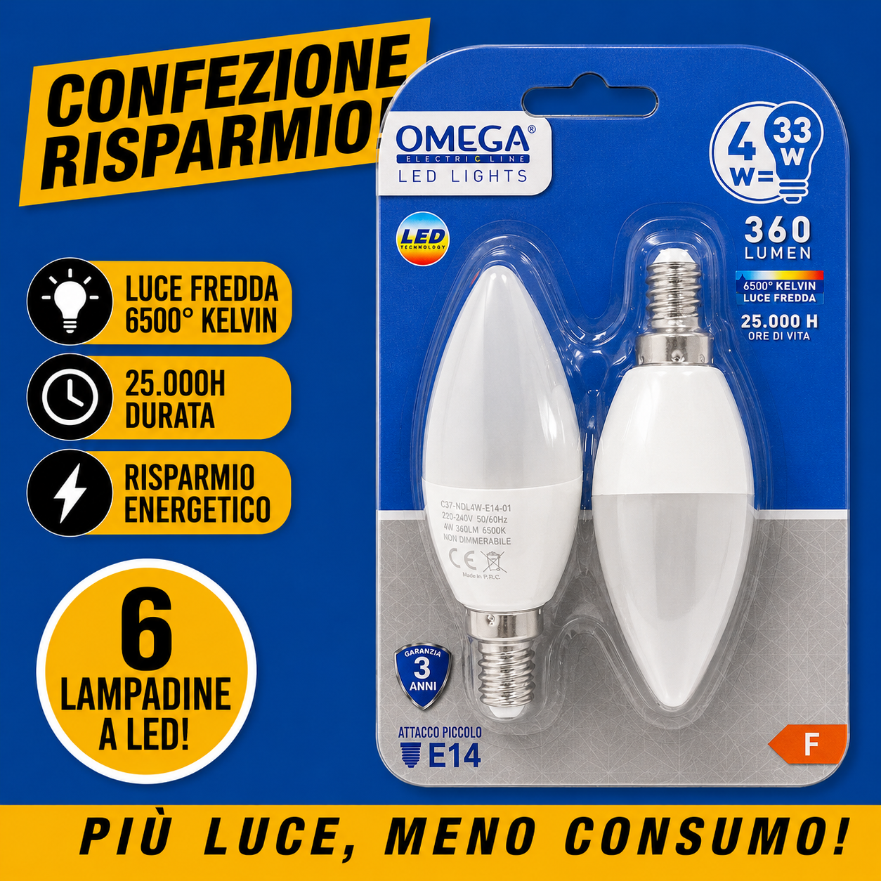 OMEGA Set 6 Lampadine LED Sfera 4W E14