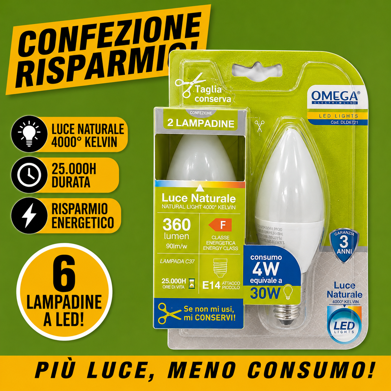 OMEGA Set 6 Lampadine LED Sfera 4W E14 luce naturale 4000K