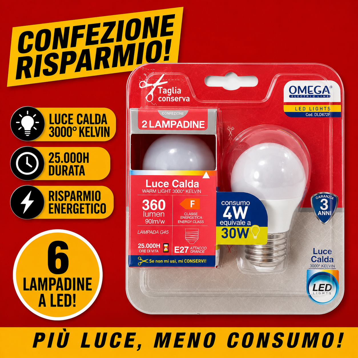 OMEGA Set 6 Lampadine LED Sfera 4W E27 luce naturale 4000K
