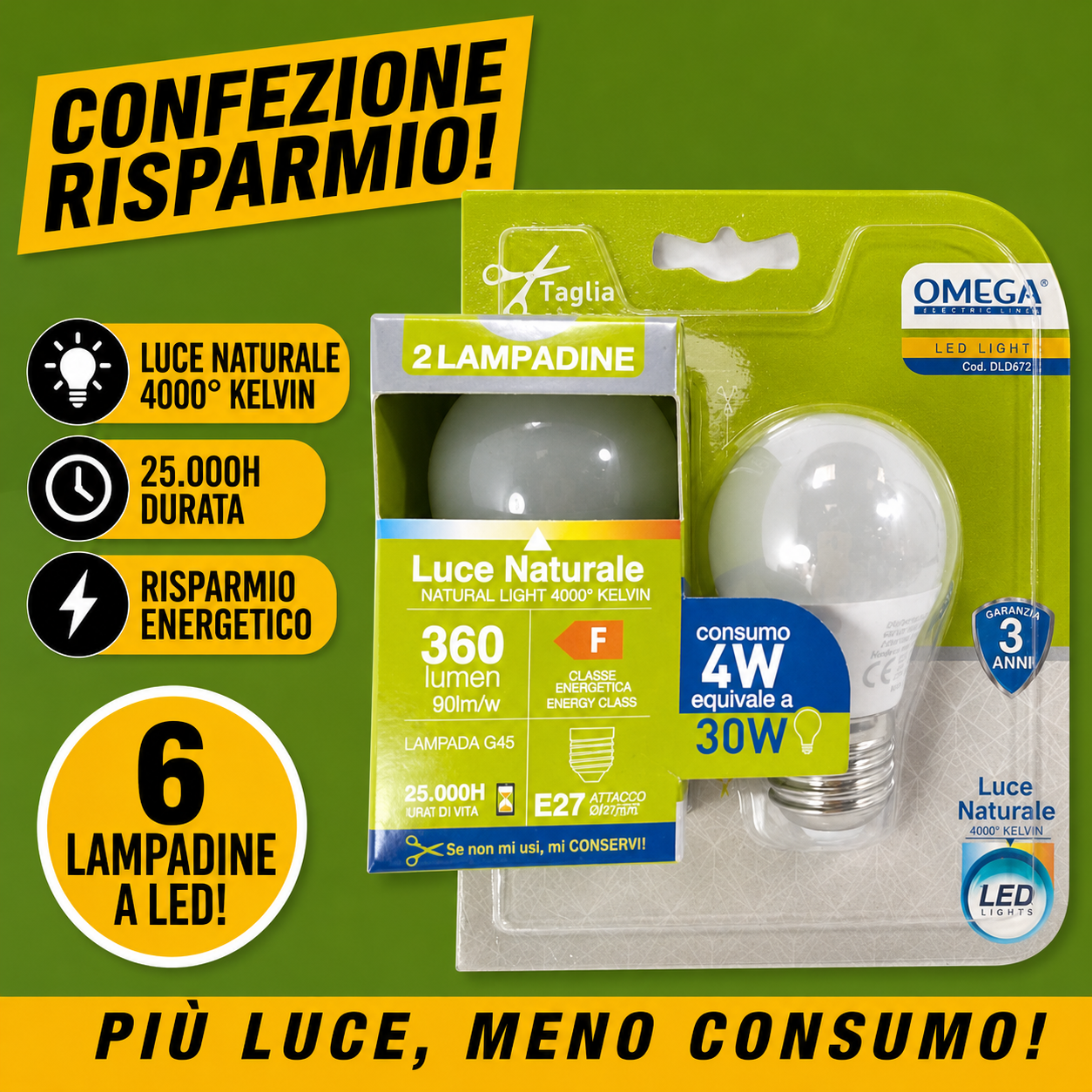 OMEGA Set 6 Lampadine LED Sfera 4W E27 luce naturale 4000K