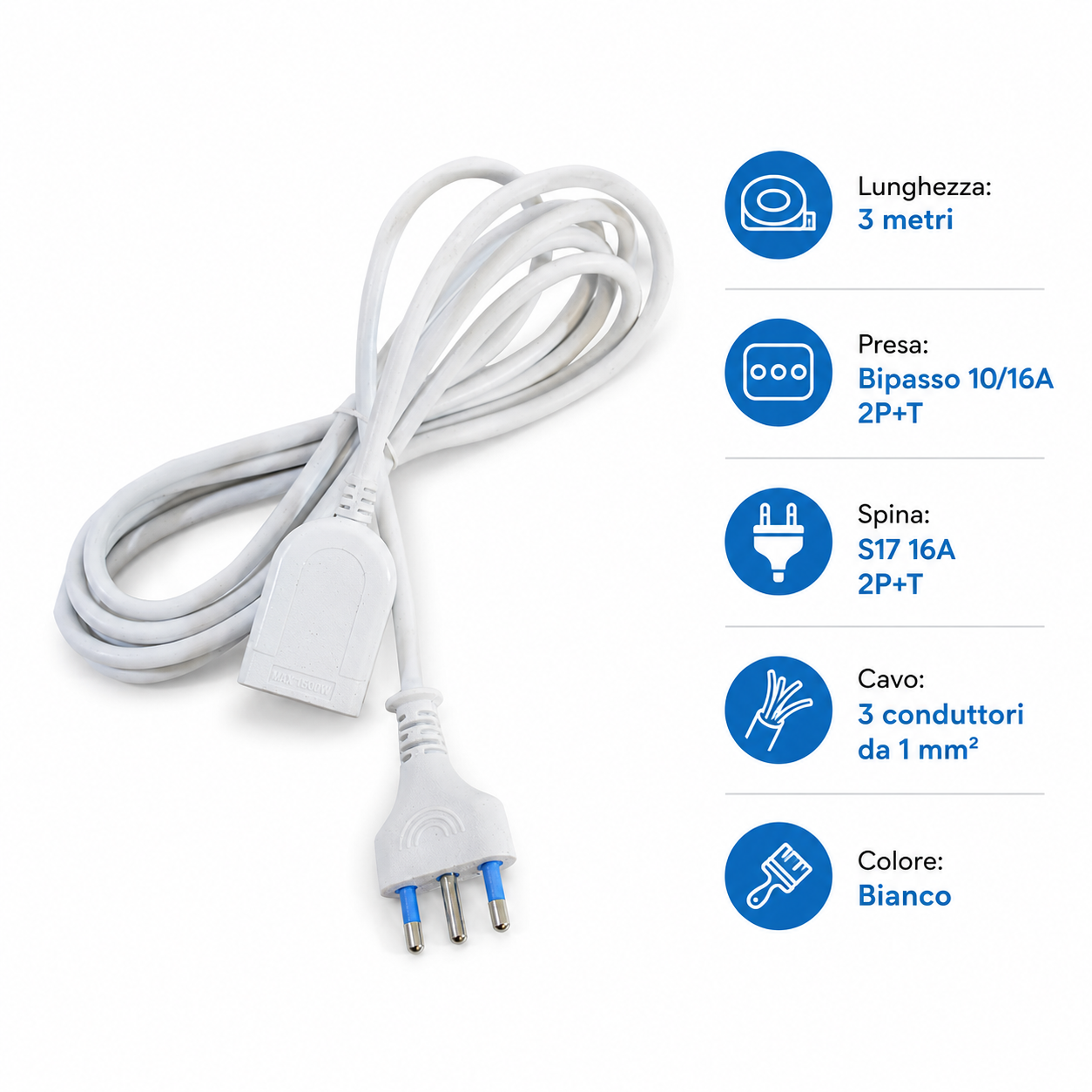 OMEGA Prolunga Elettrica 3 Metri Bianca Presa Bipasso 10/16A e Spina 16A