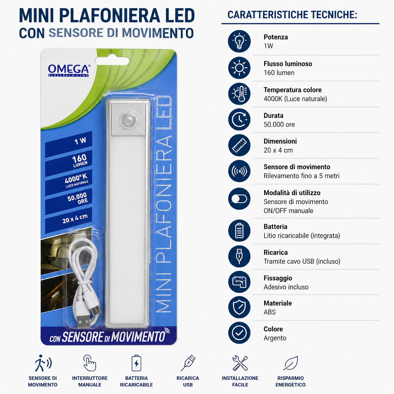 OMEGA Lampada LED per Armadi  con Sensore 4000K