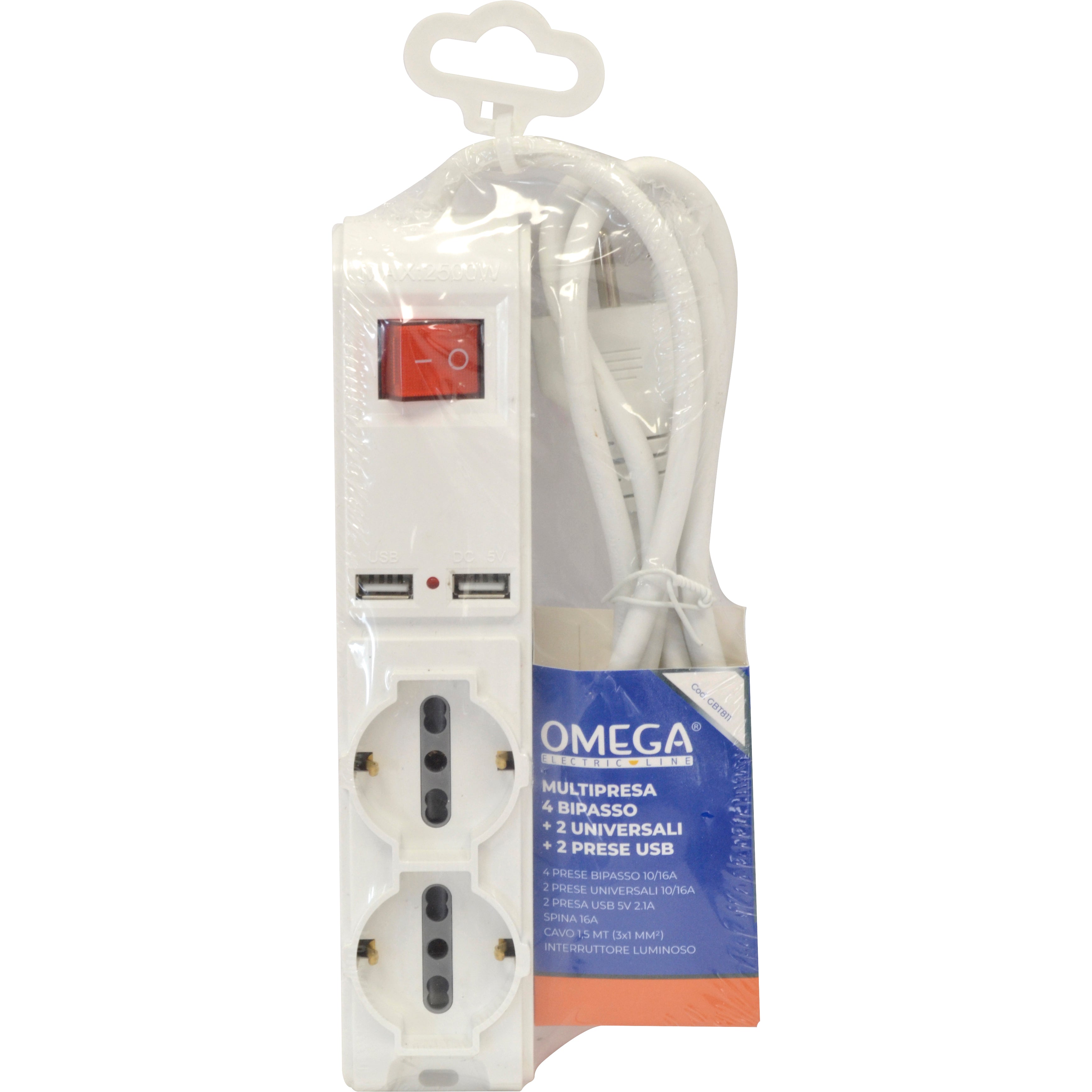 OMEGA Multipresa universale 4 prese P40 10/16A+2 bipasso 10/16A+2 Usb cavo 1,50m