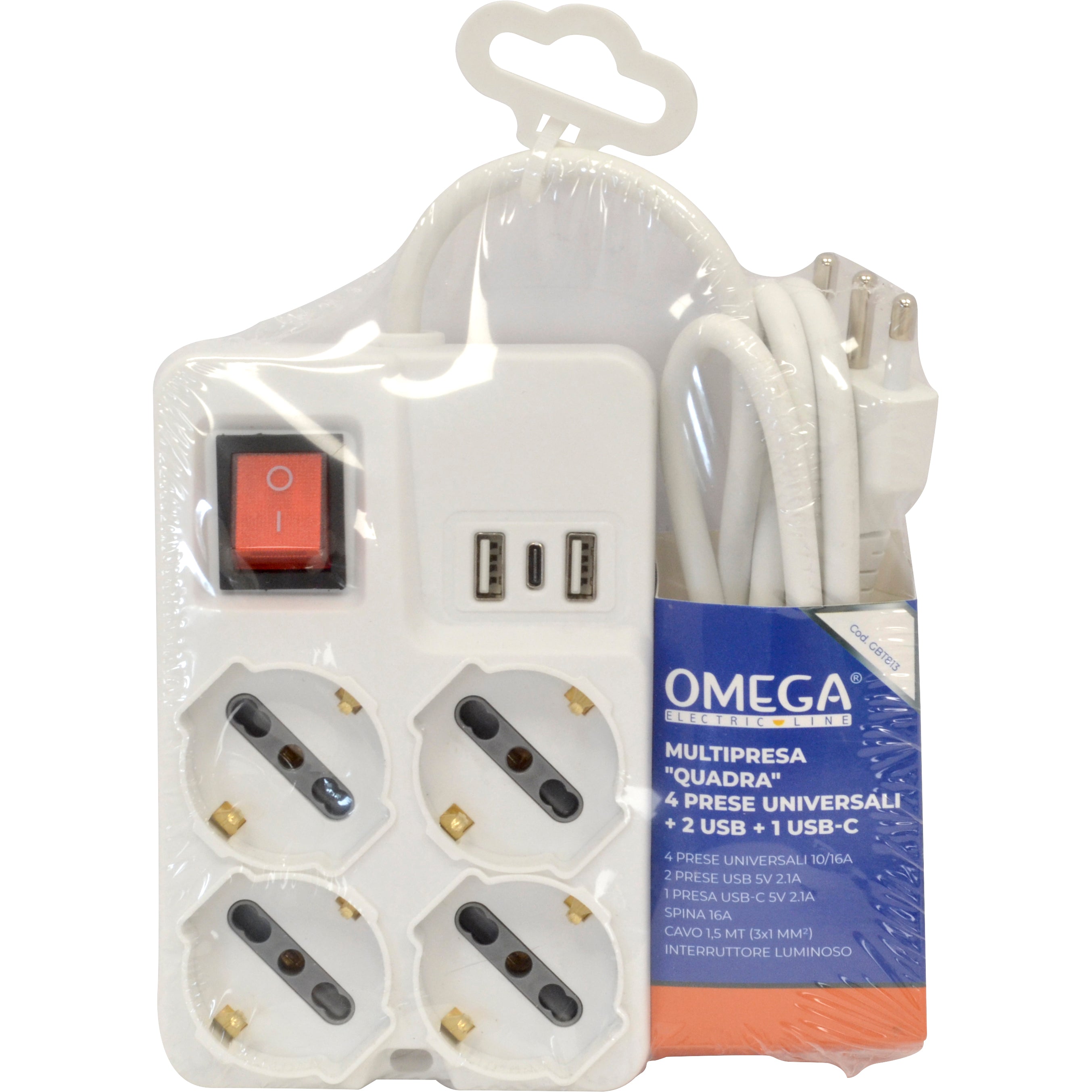 OMEGA Multipresa universale 4 prese P40 10/16A+2 Usb+1 Usb-C cavo 1,50m