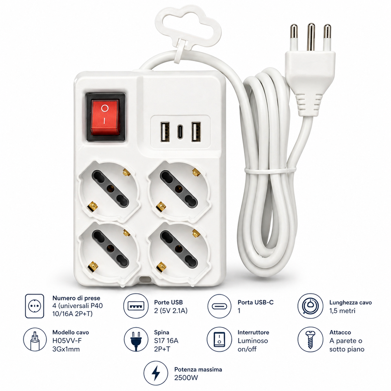Multipresa OMEGA bianca con interruttore luminoso acceso e porte USB in evidenza.