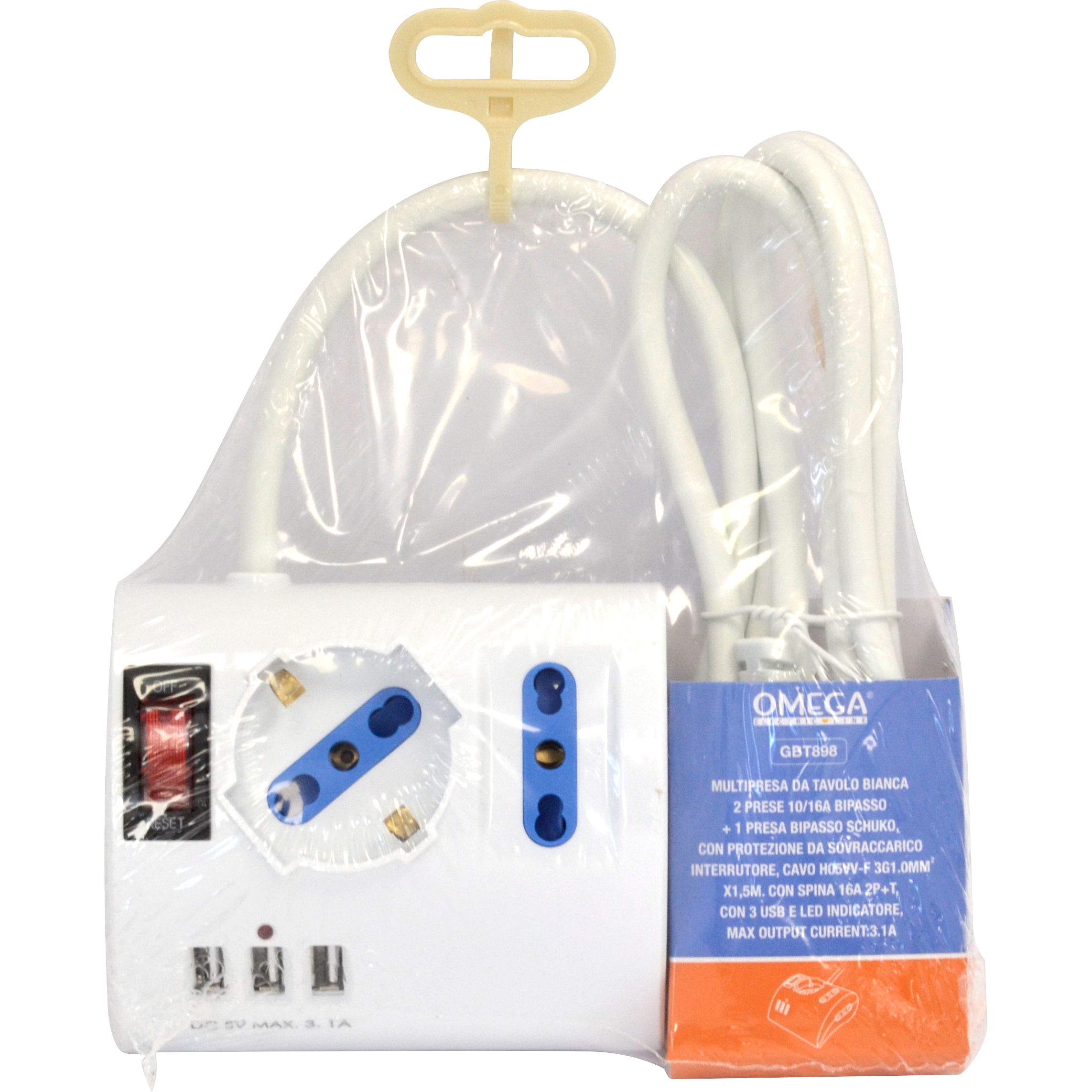 OMEGA Multipresa da tavolo 2 bipasso 10/16A+1 bipasso Schuko+3 Usb cavo 1,50m