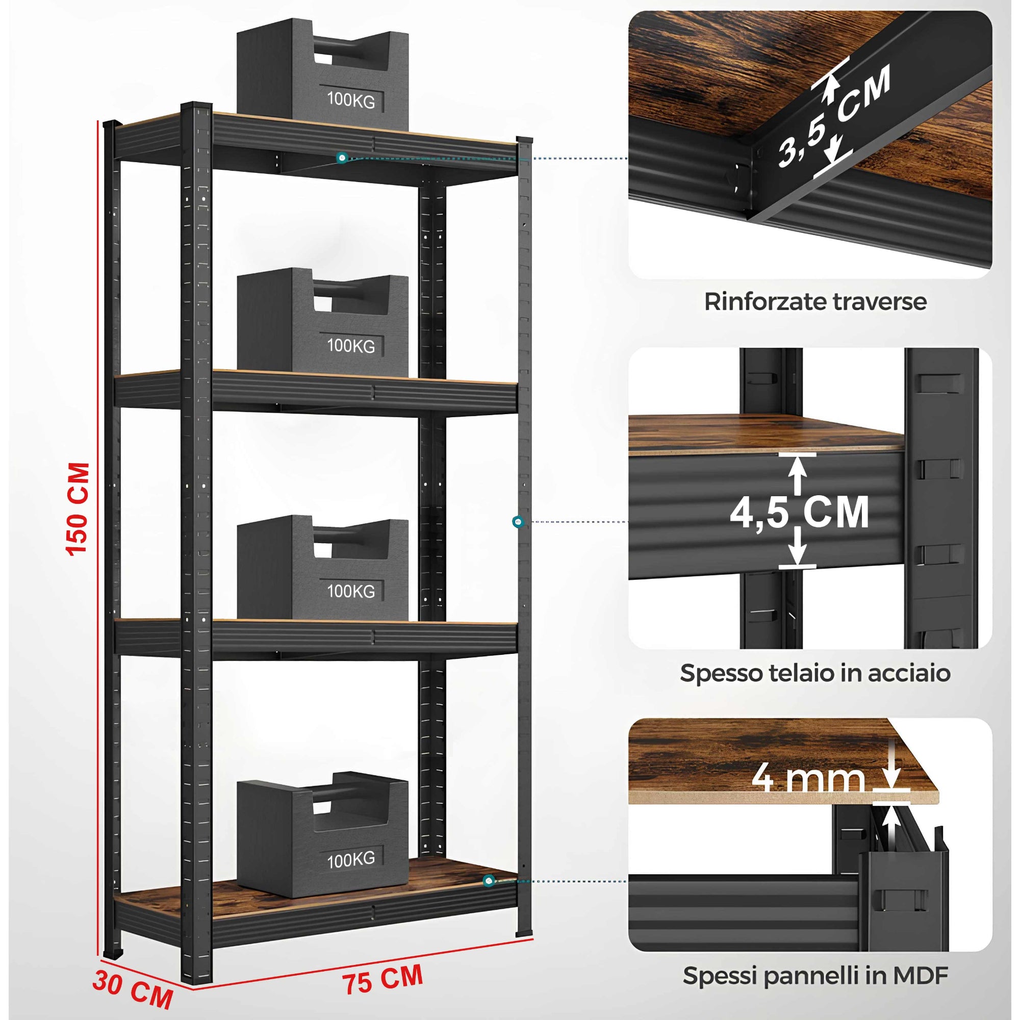 KOMBO Scaffale Industriale 4 Piani Acciaio e Legno - 400kg Totali