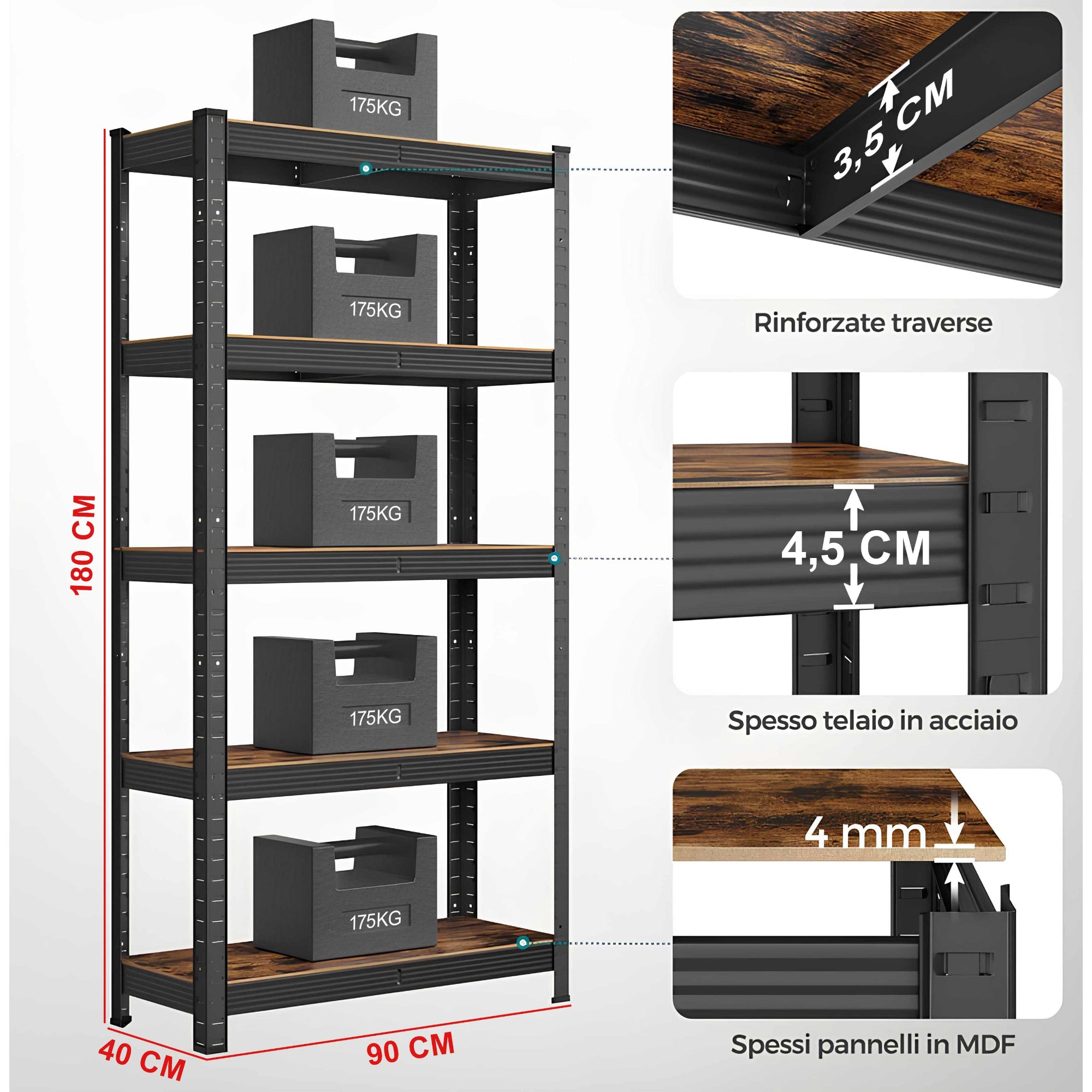 KOMBO Scaffale Industriale 5 Piani Acciaio e Legno - 875kg Totali