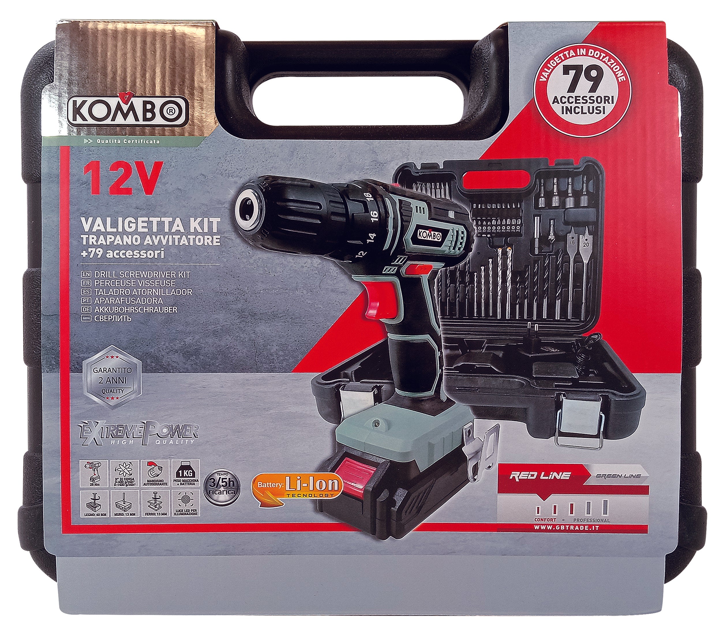 KOMBO Kit trapano cordless 1,5 ah + valigetta con 79 accessori