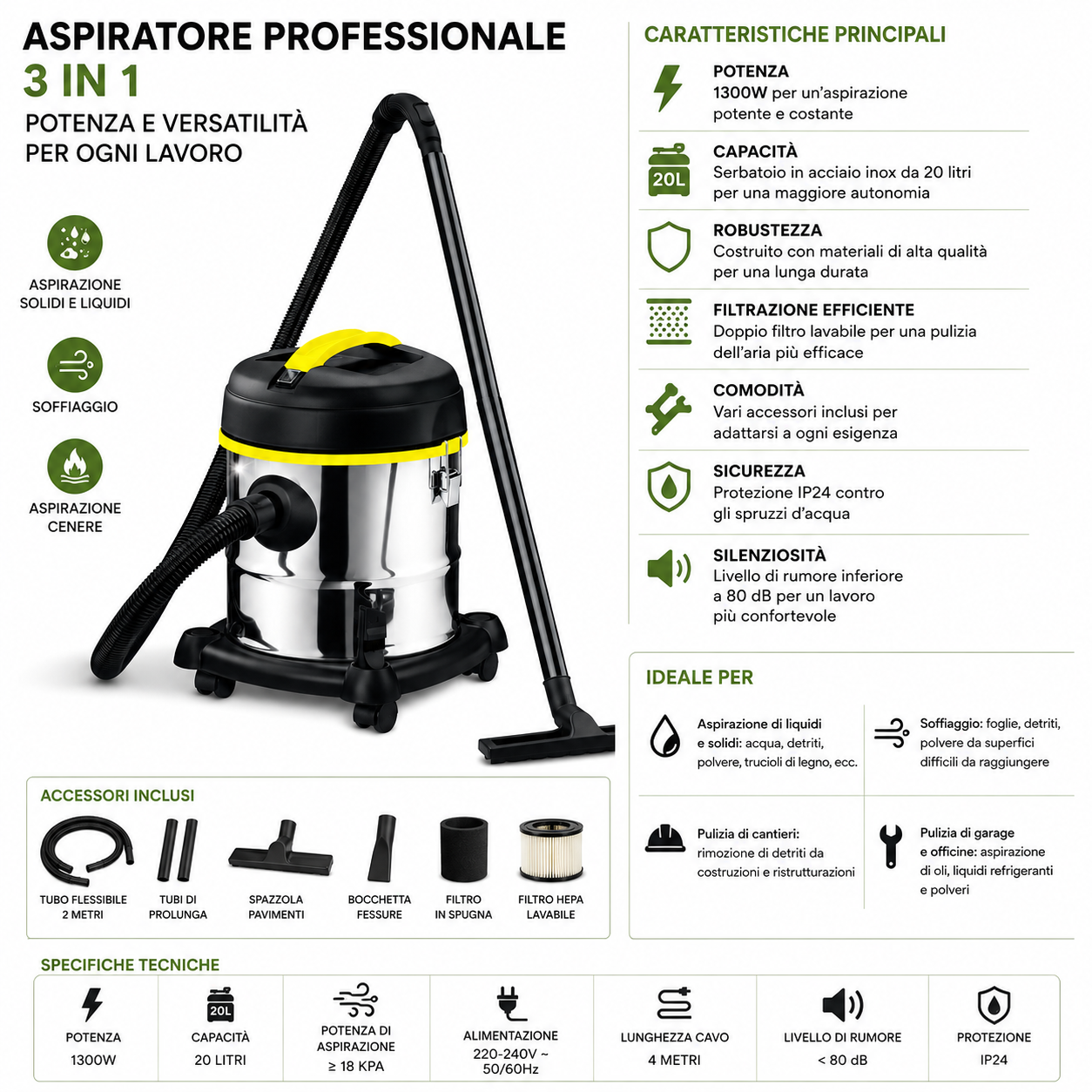 KOMBO Aspiratore/soffiatore inox Professionale 3 in 1 1300W per Solidi, Liquidi e Cenere
