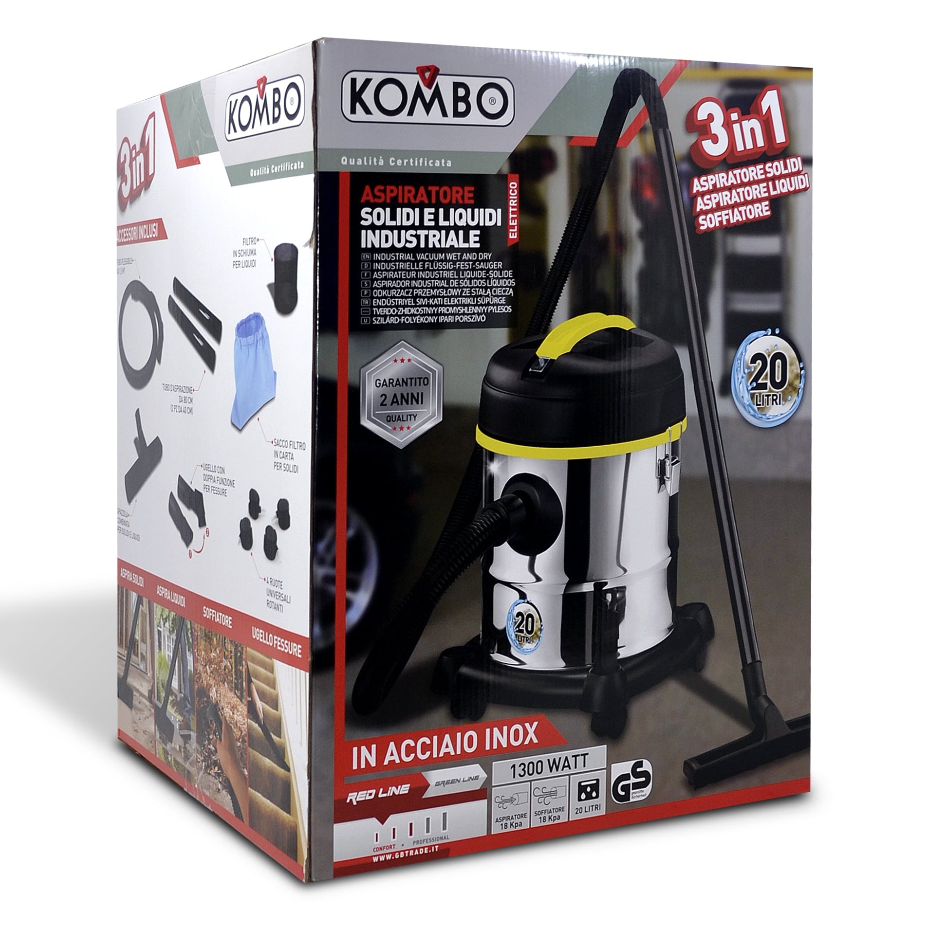 KOMBO Aspiratore/soffiatore inox Professionale 3 in 1 1300W per Solidi, Liquidi e Cenere