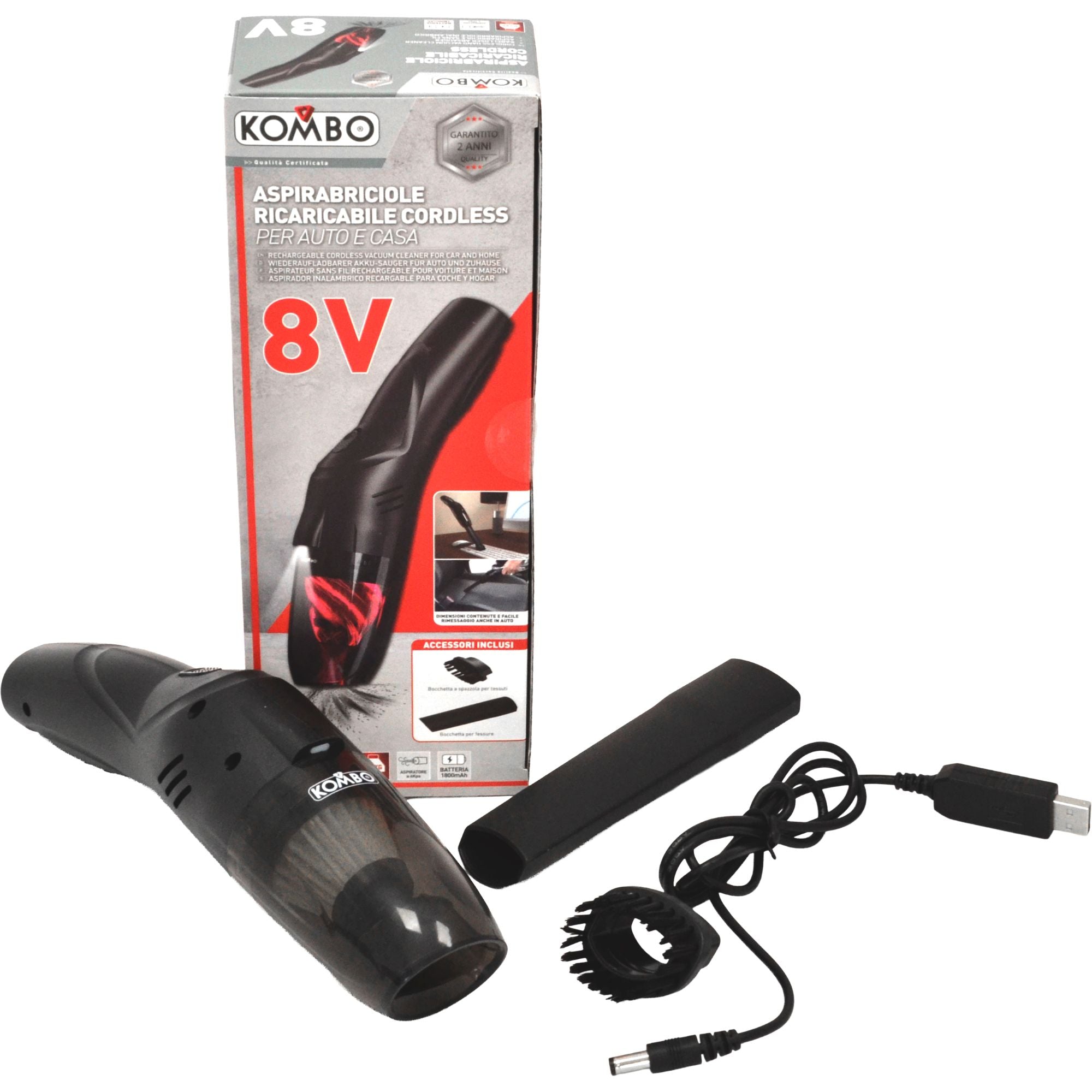 Aspirabriciole cordless KOMBO 8V portatile per casa e auto con accessori