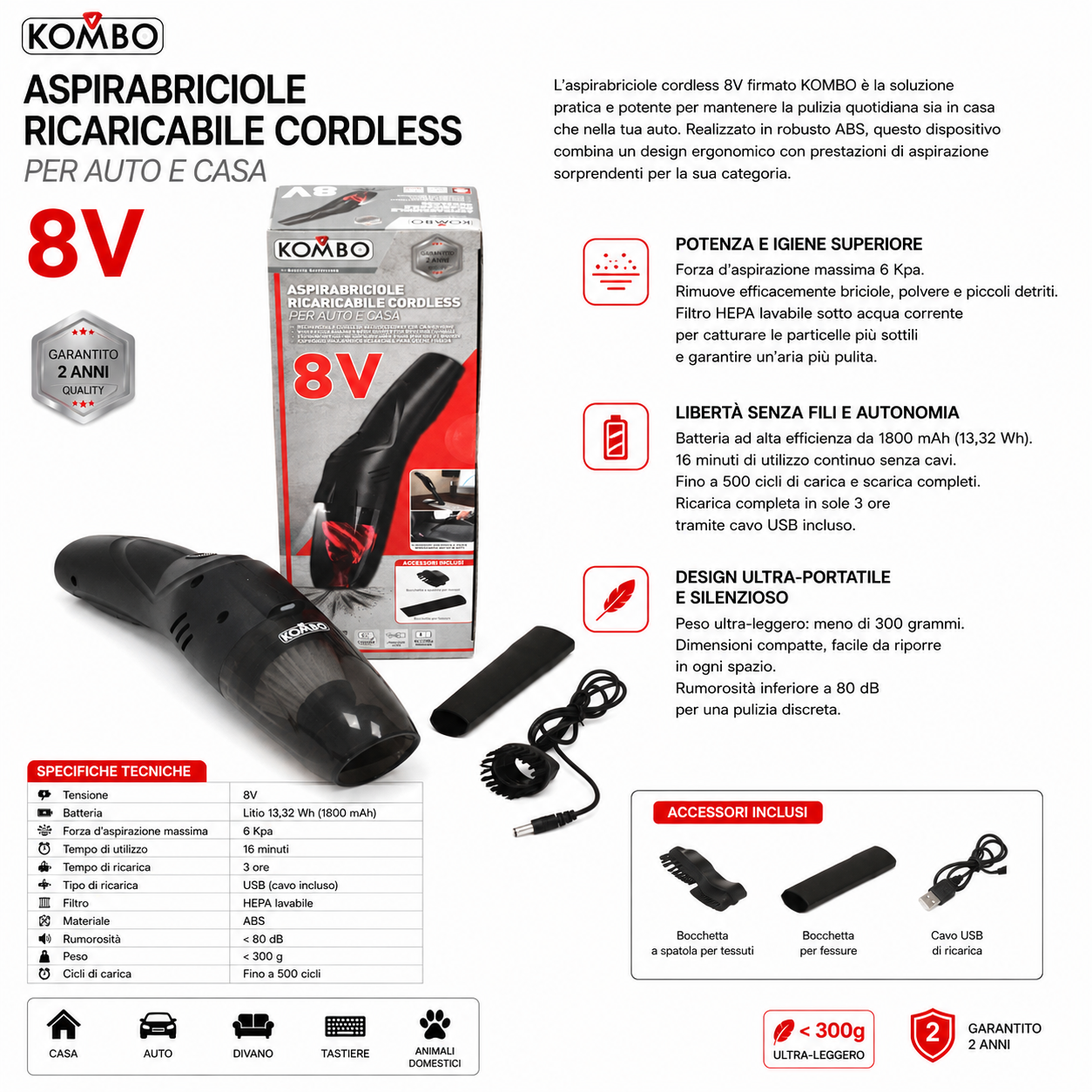 KOMBO Aspirabriciole Cordless 8V Filtro HEPA per Casa e Auto