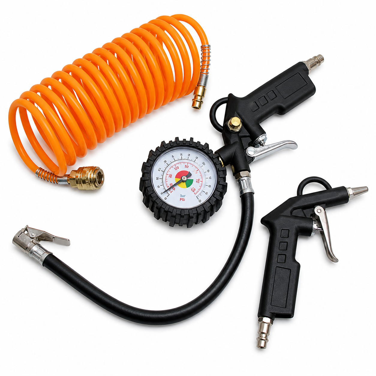 Contenuto completo del Kit 3 accessori KOMBO: pistola gonfiaggio, soffiaggio e tubo.