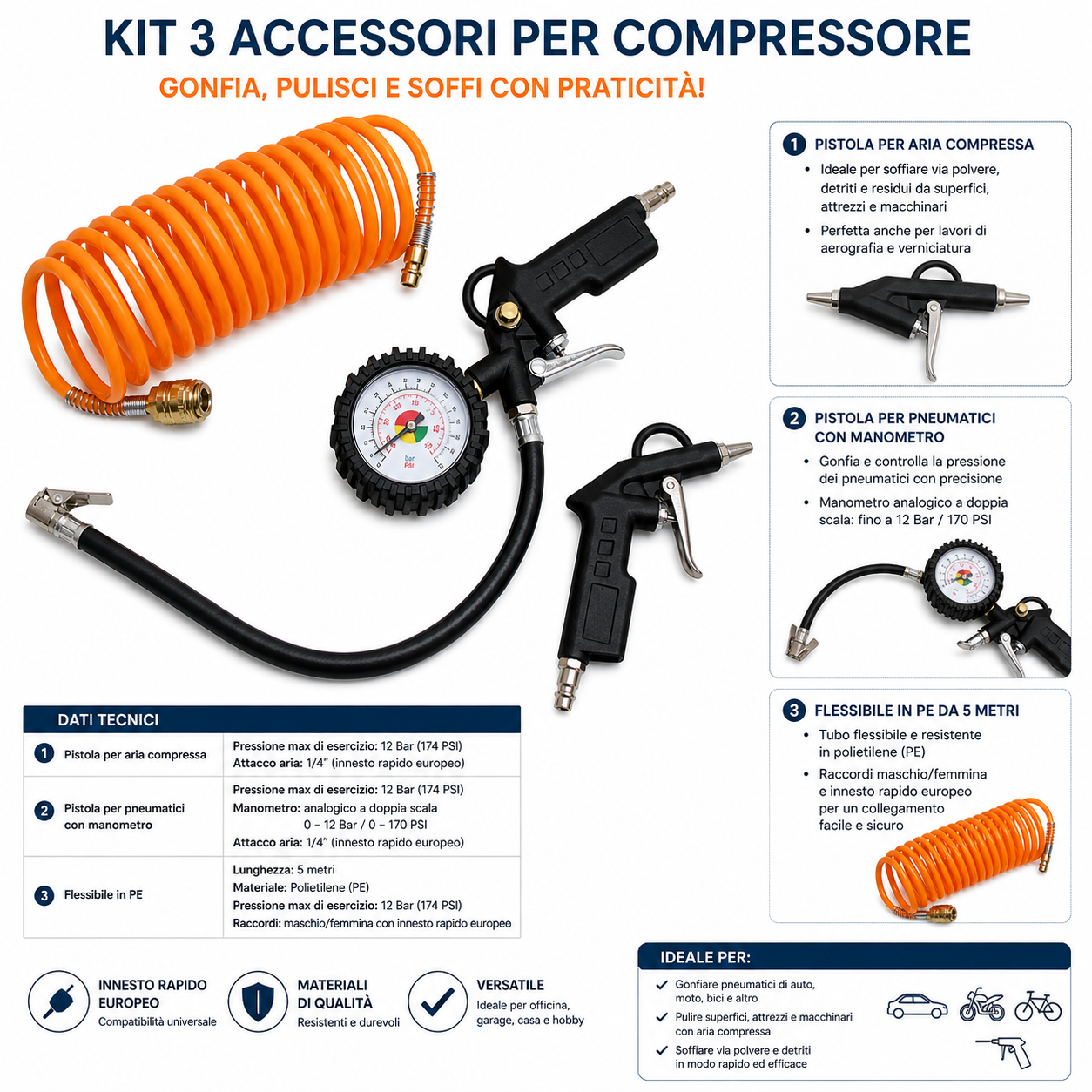 Contenuto completo del Kit 3 accessori KOMBO: pistola gonfiaggio, soffiaggio e tubo.