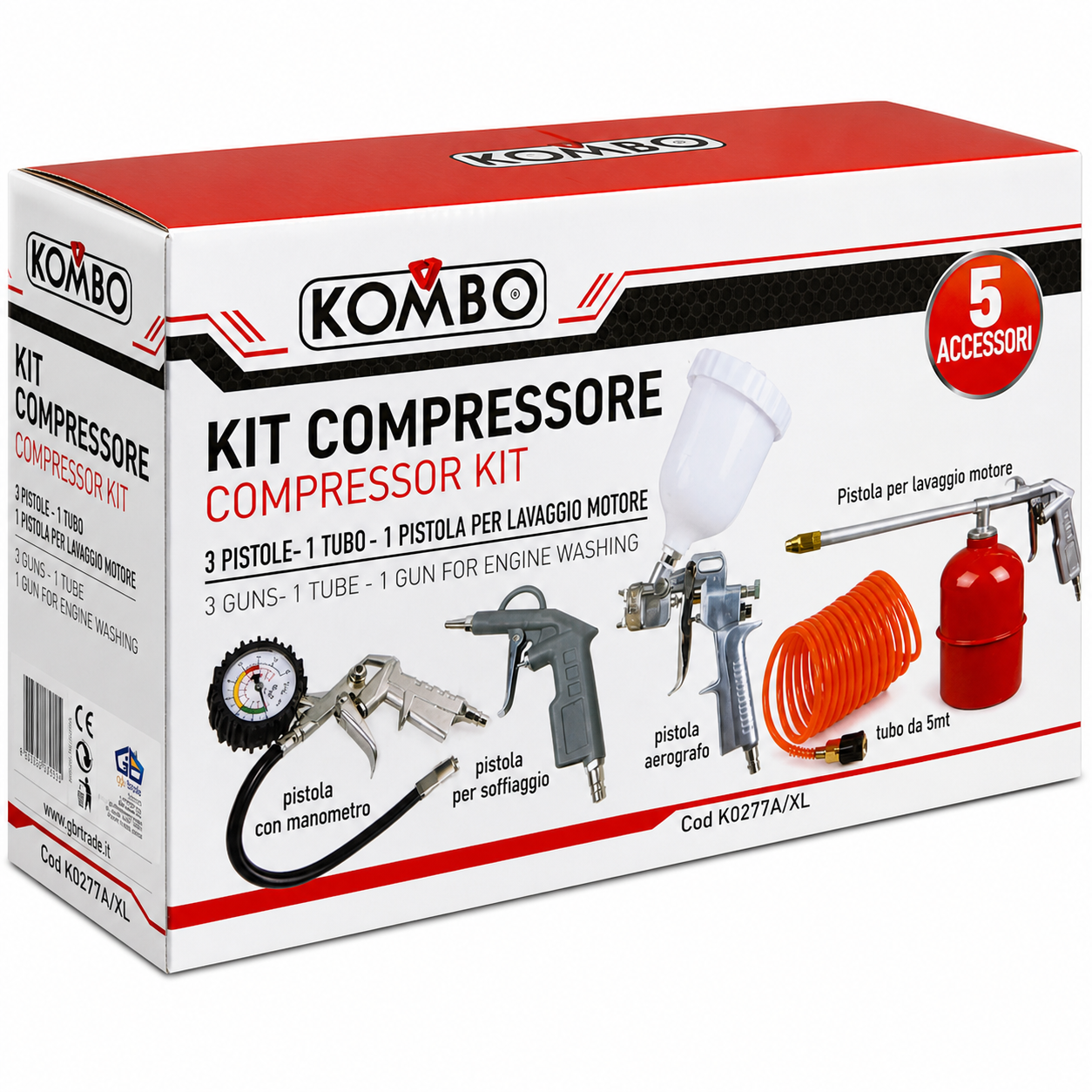 Kit 5 accessori KOMBO con aerografo, pistole e tubo spiralato.