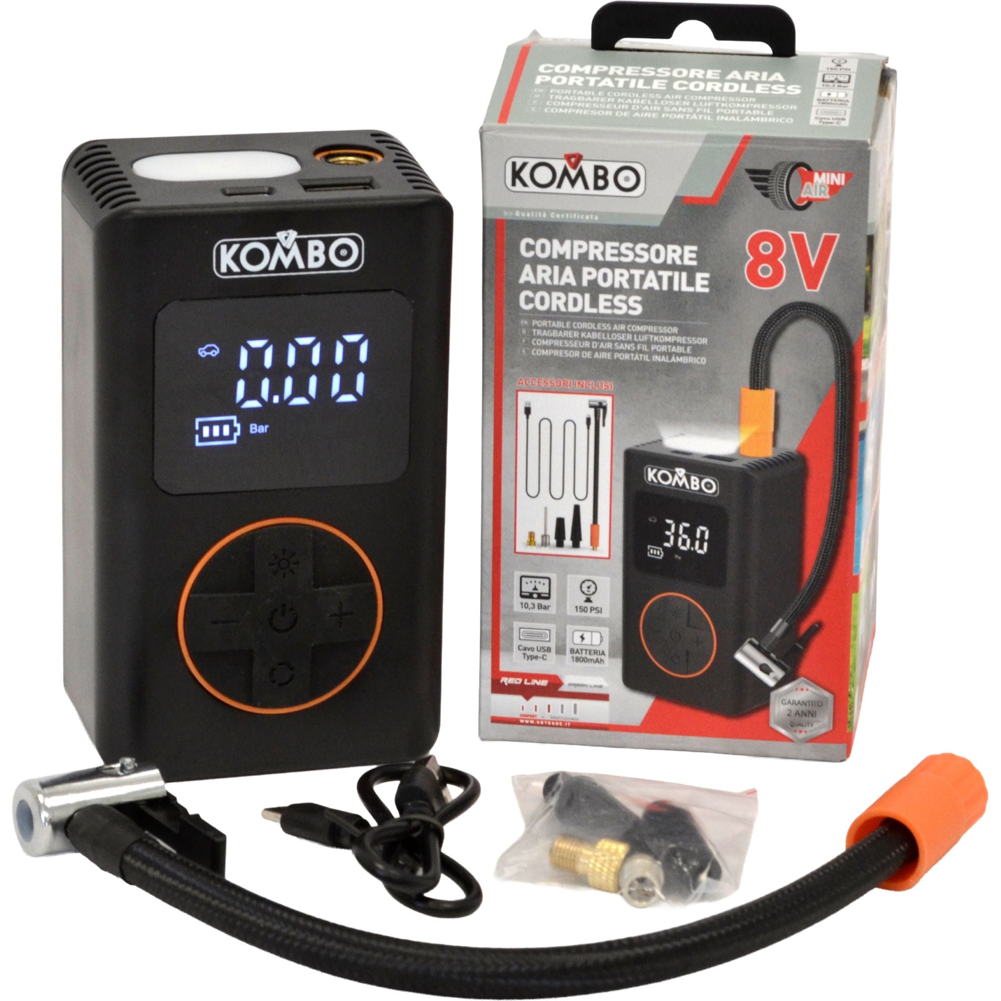 Compressore Aria Portatile Cordless 8V KOMBO in ABS e Metallo