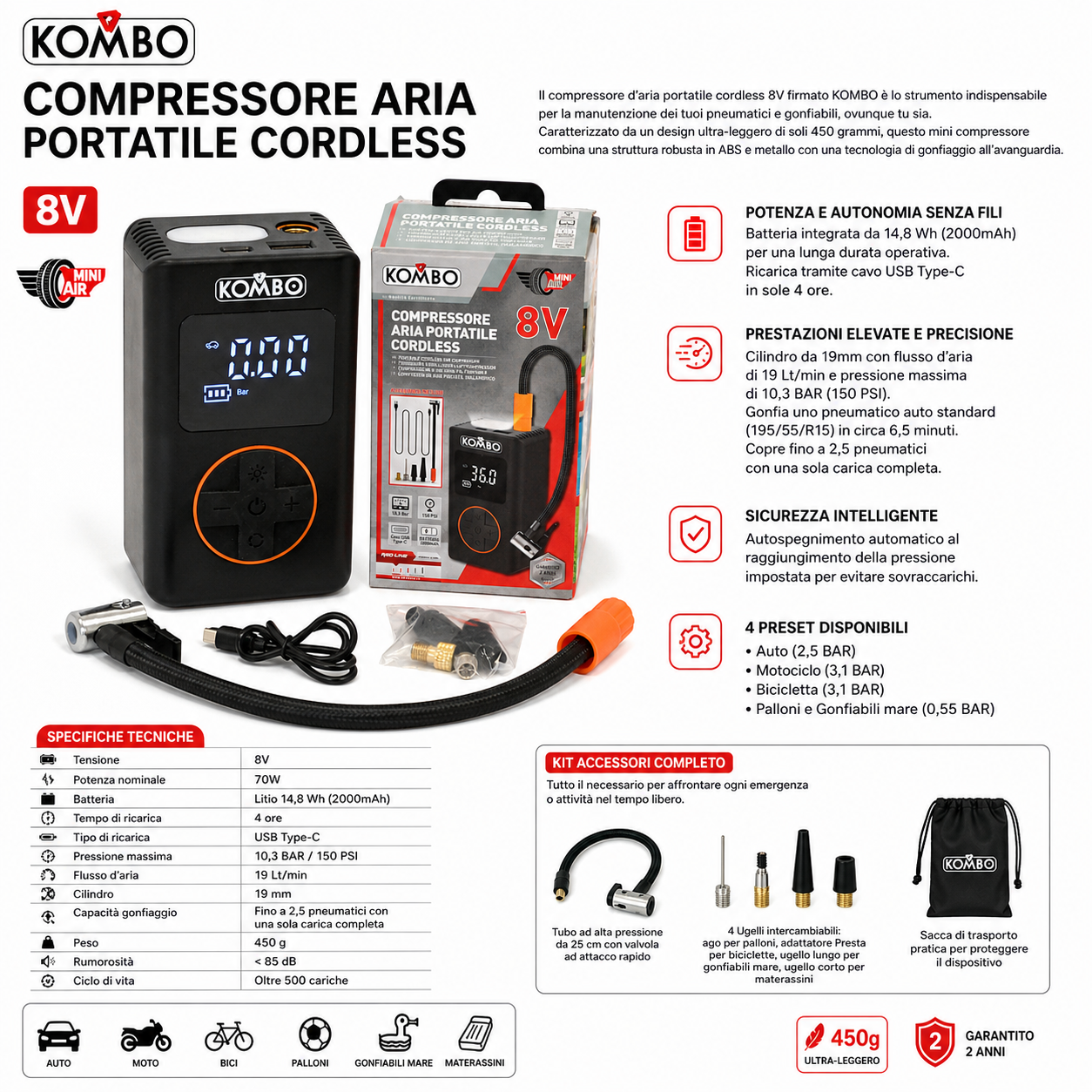 KOMBO Compressore Aria Portatile Cordless 8V 10.3 BAR