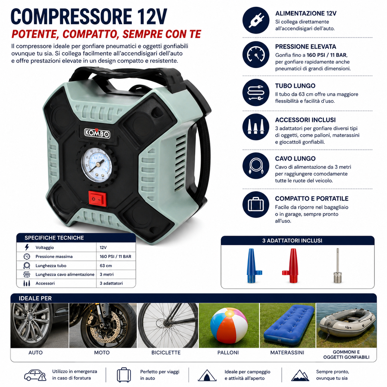 KOMBO Compressore Elettrico 12V 160 PSI / 11 BAR con Cavo 3m e 3 Adattatori