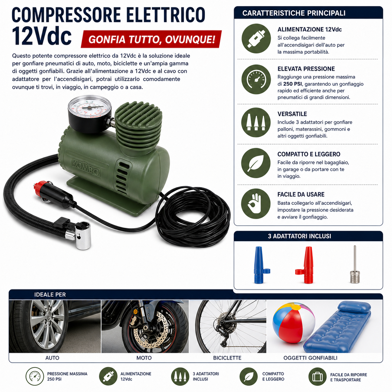 Mini compressore KOMBO 12V con cavo accendisigari e kit adattatori