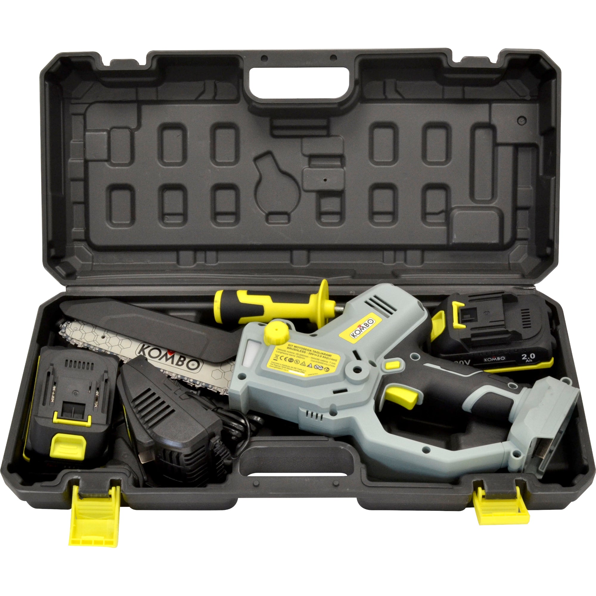 KOMBO Motosega a Batteria  20V Brushless  Barra 20cm con 2 Batterie 2Ah