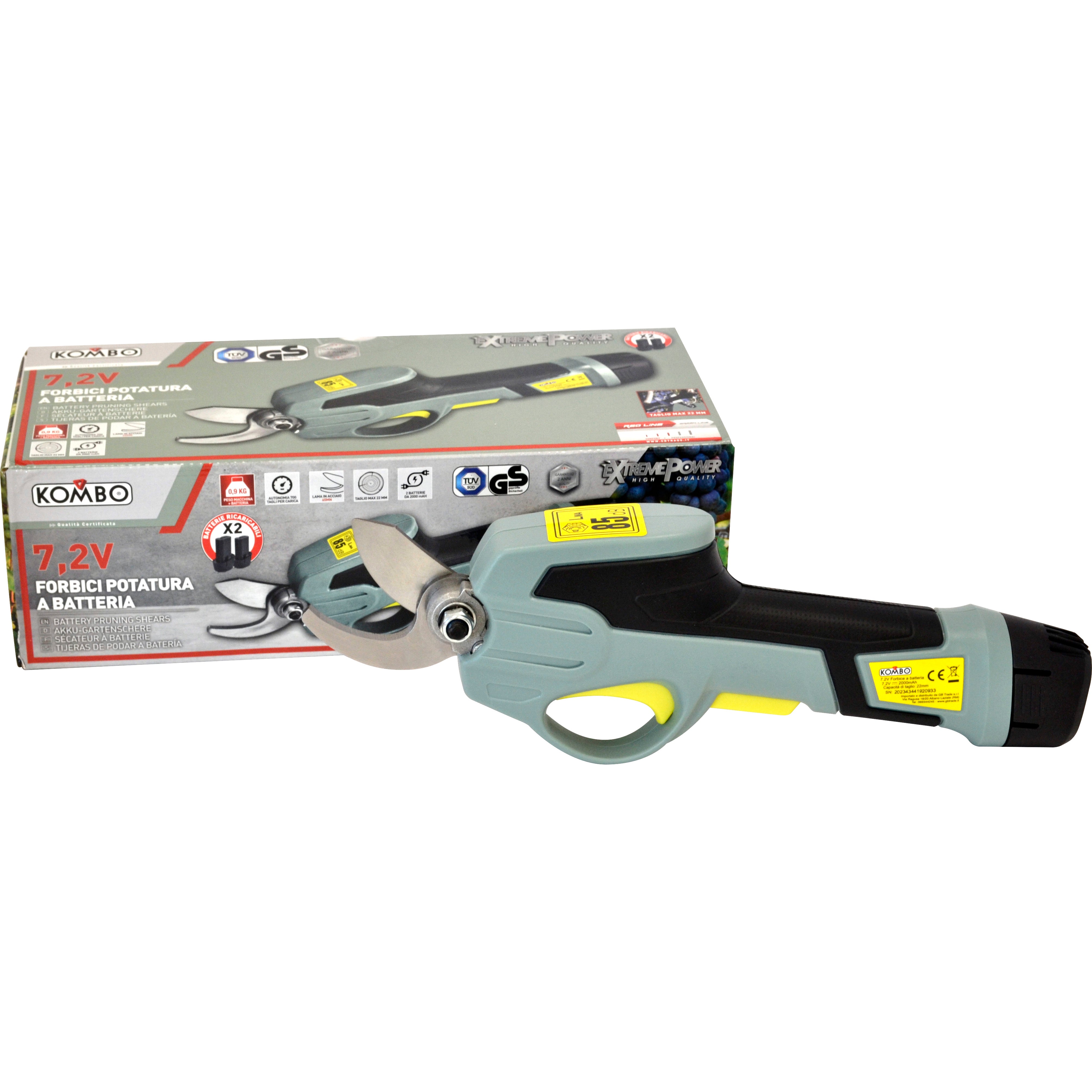 KOMBO Forbici potatura cordless con 2 batterie al litio da 2.0 Ah 7,2V