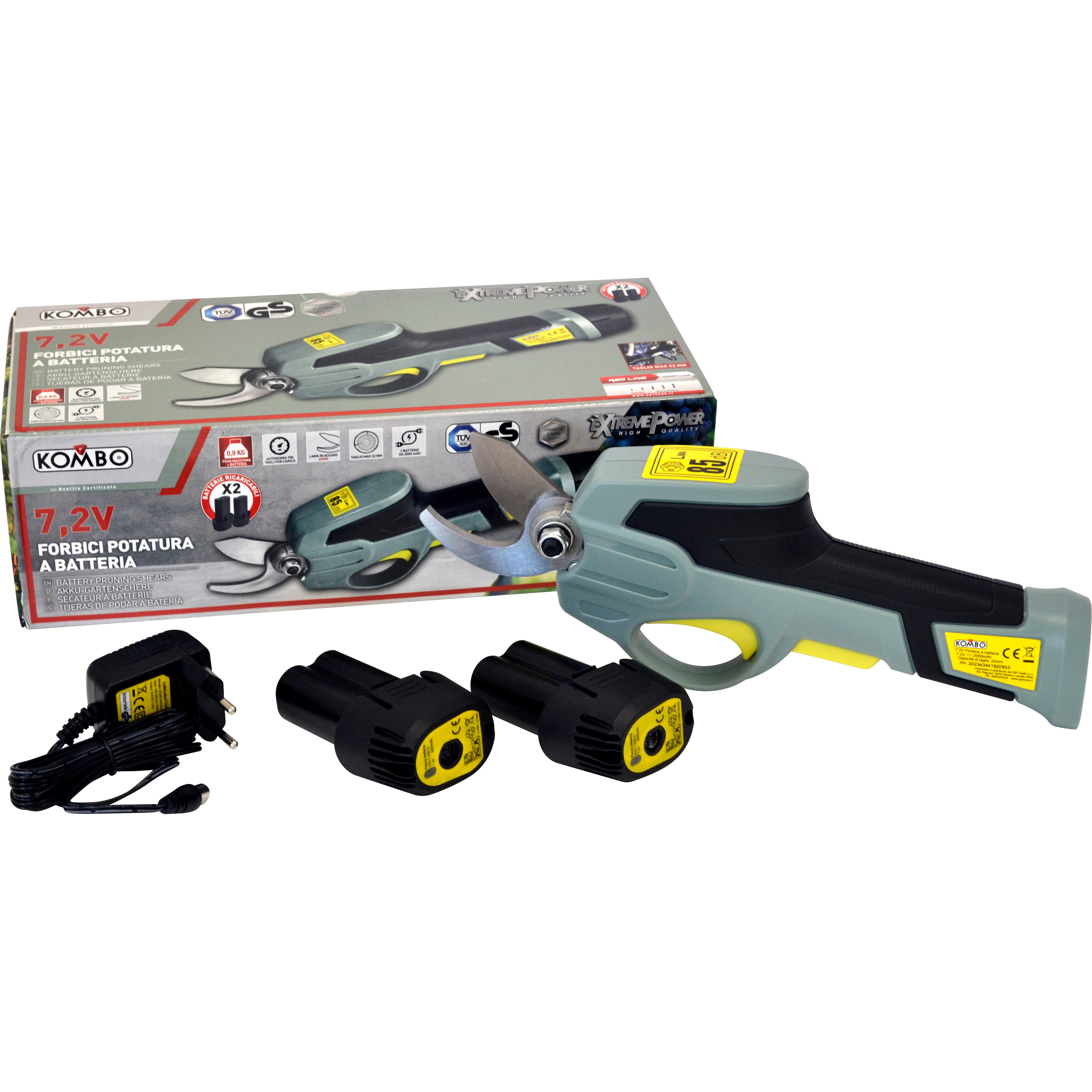 KOMBO Forbici potatura cordless con 2 batterie al litio da 2.0 Ah 7,2V