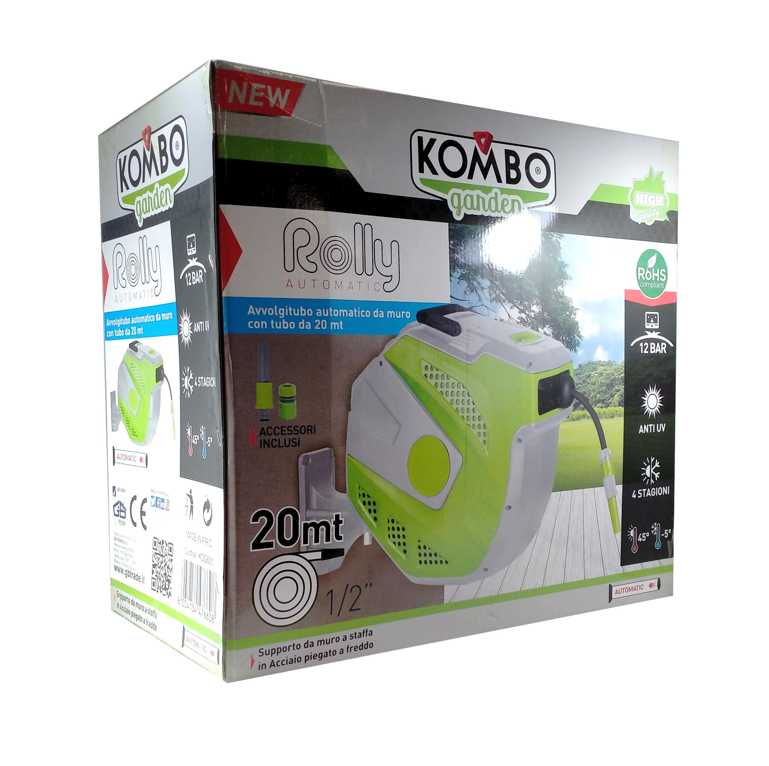 KOMBO Avvoglitubo automatico a muro con tubo irrigazione 1/2" 20mt