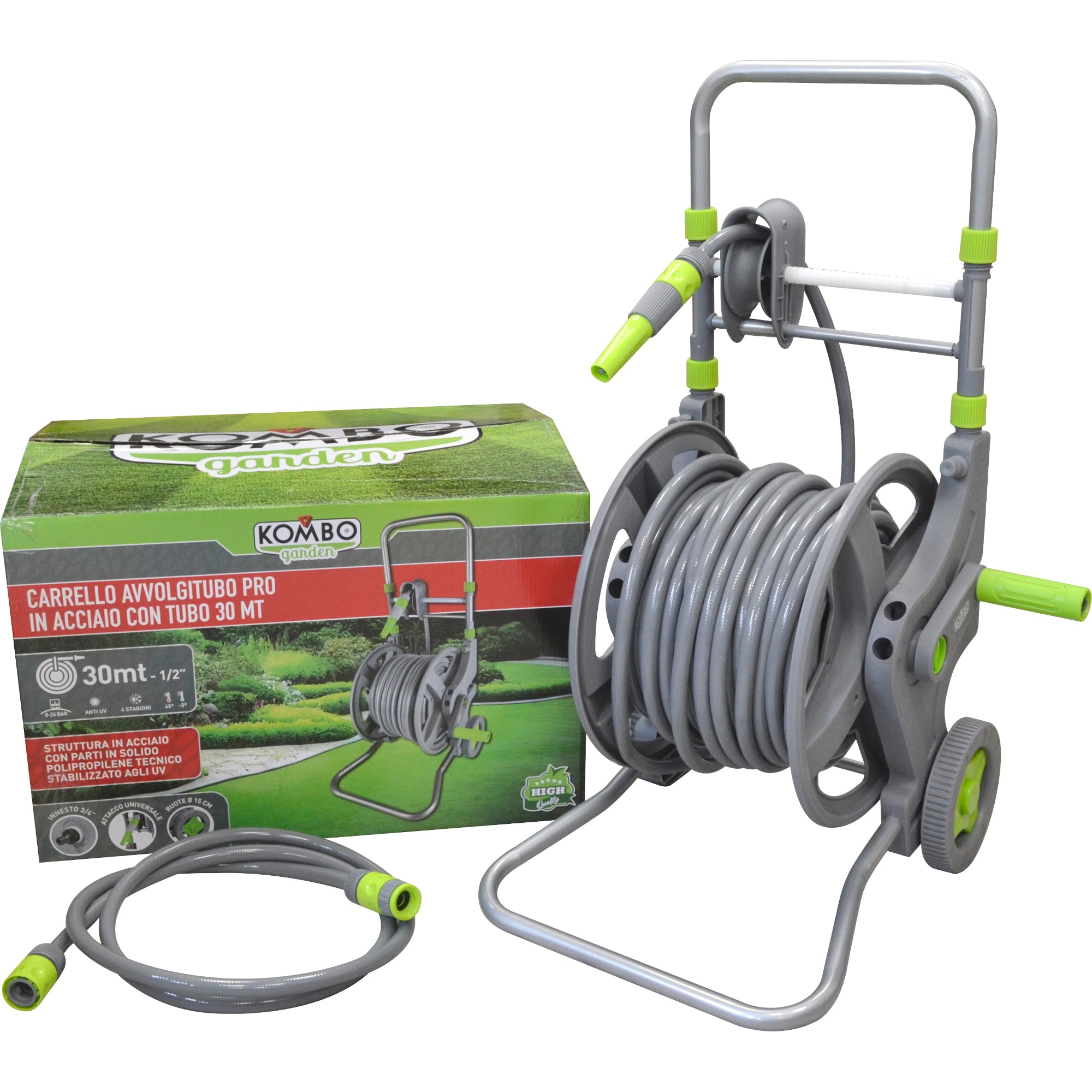 Carrello Avvolgitubo Acciaio Kombo Garden 30mt Tubo 1/2" e Guida Automatica
