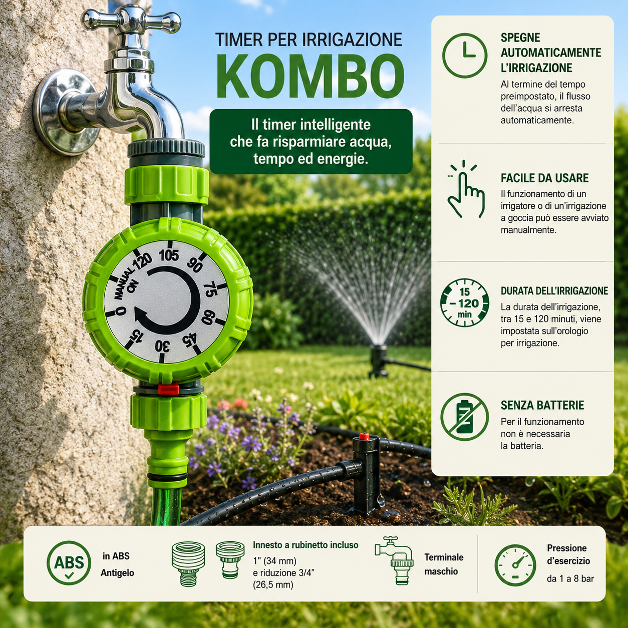 KOMBO Timer Irrigazione Meccanico 15-120 min Senza Batterie