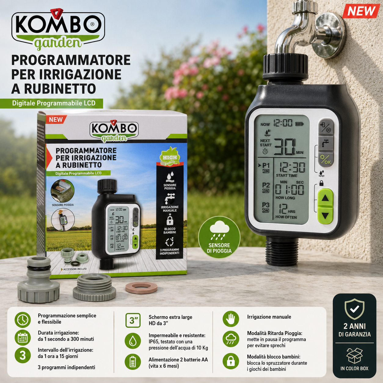 KOMBO Programmatore Irrigazione Digitale LCD 3" IP65 Sensore Pioggia