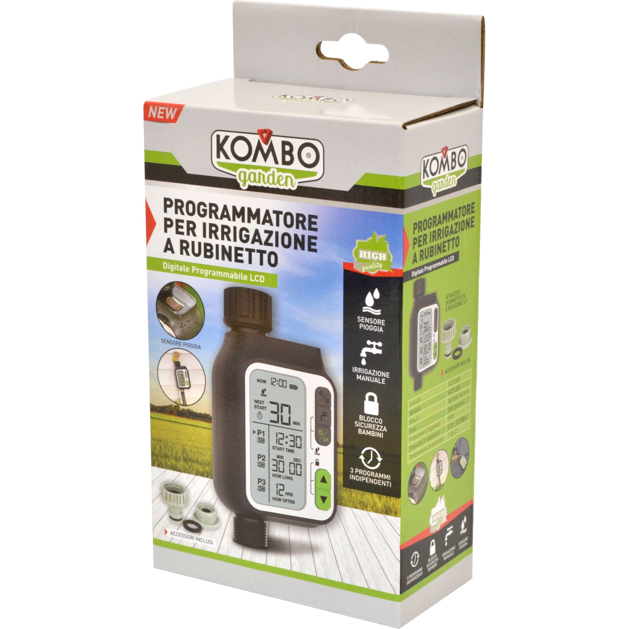 KOMBO Programmatore Irrigazione Digitale LCD 3" IP65 Sensore Pioggia