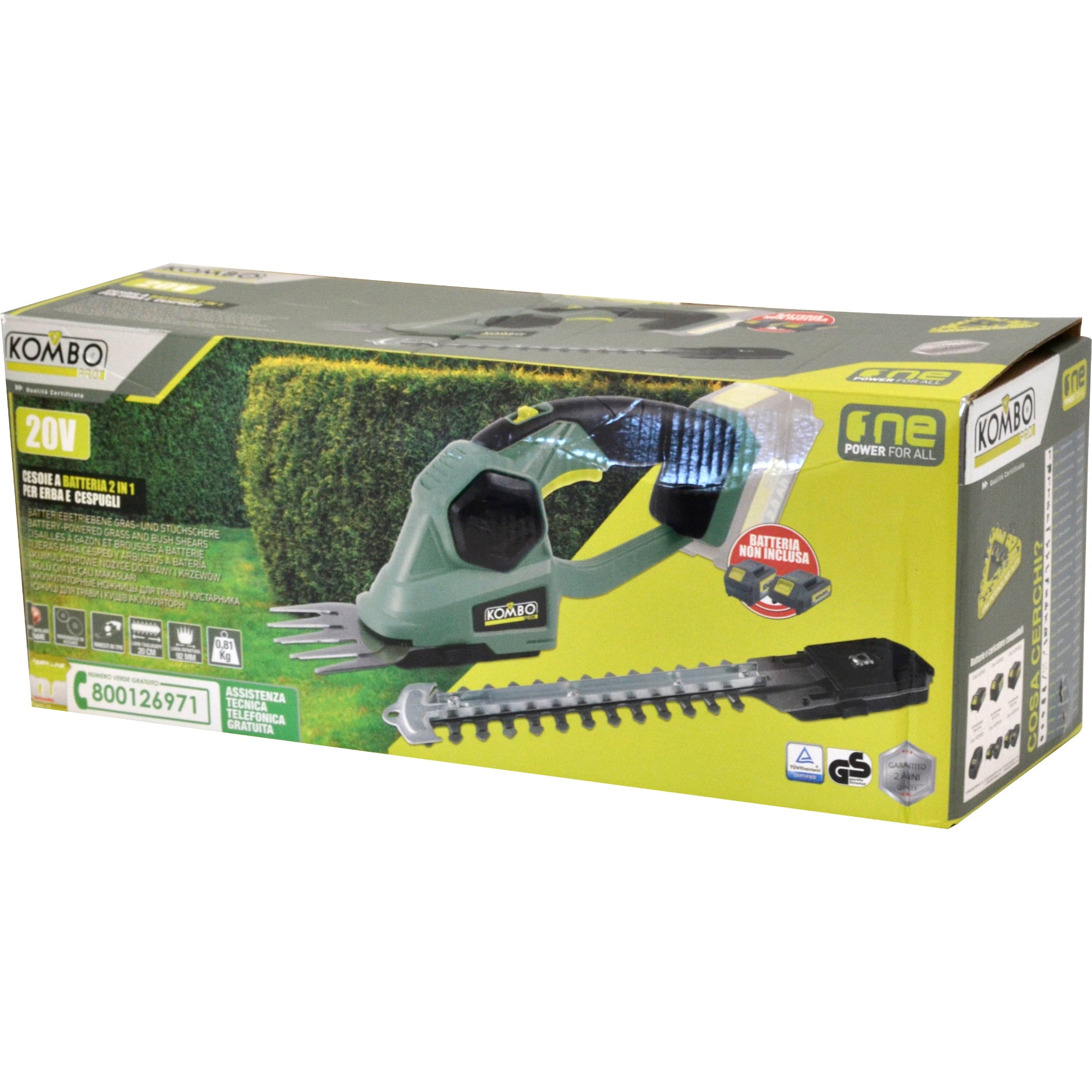 Cesoie per erba e cespugli a batteria 20V KOMBO PRO con lama tagliasiepe e rifinitore bordi