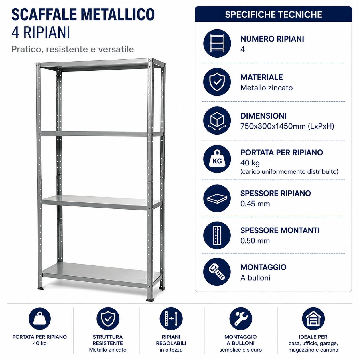 KOMBO Scaffale 4 ripiani 75x30x145cm