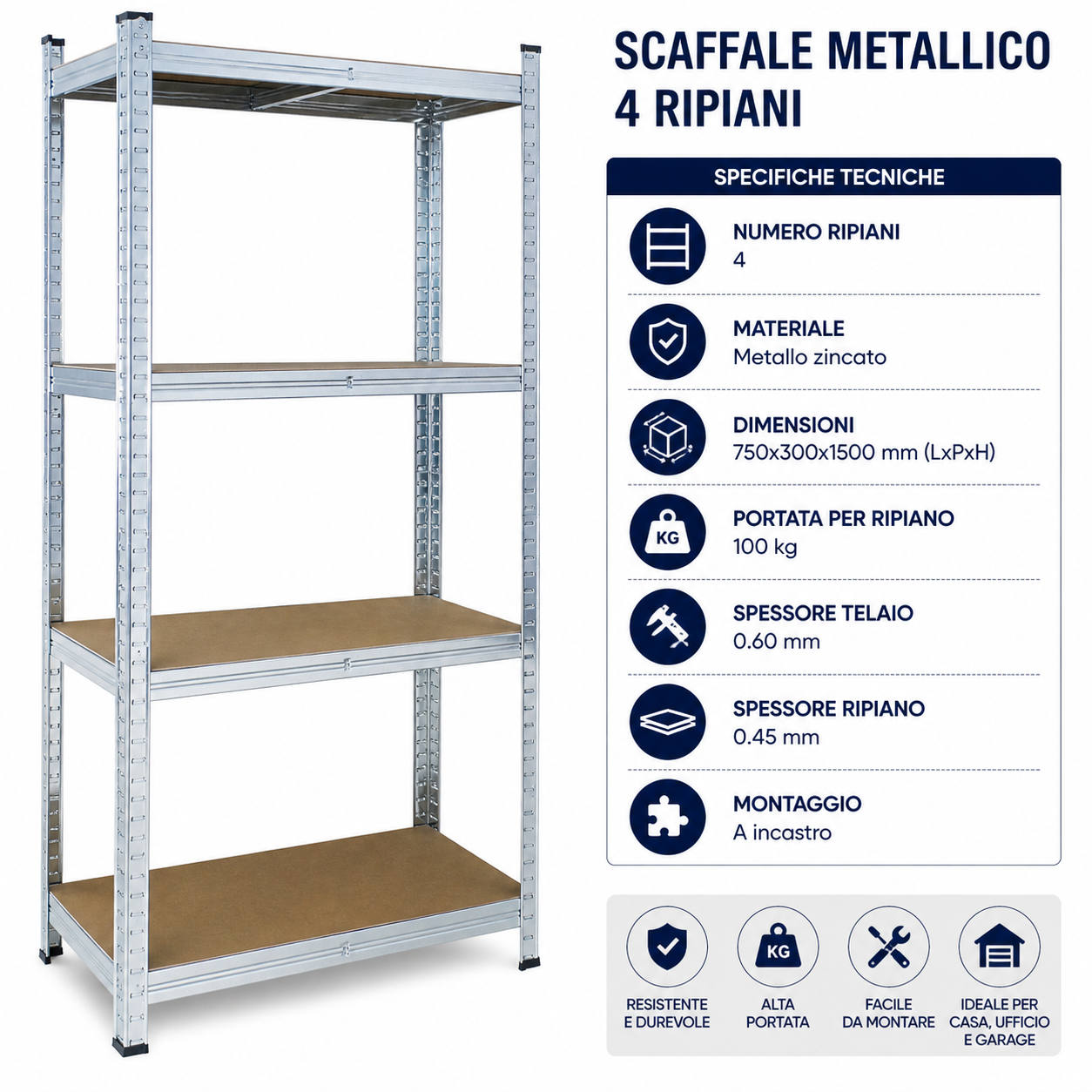 KOMBO Scaffale 4 ripiani 75x30x150cm