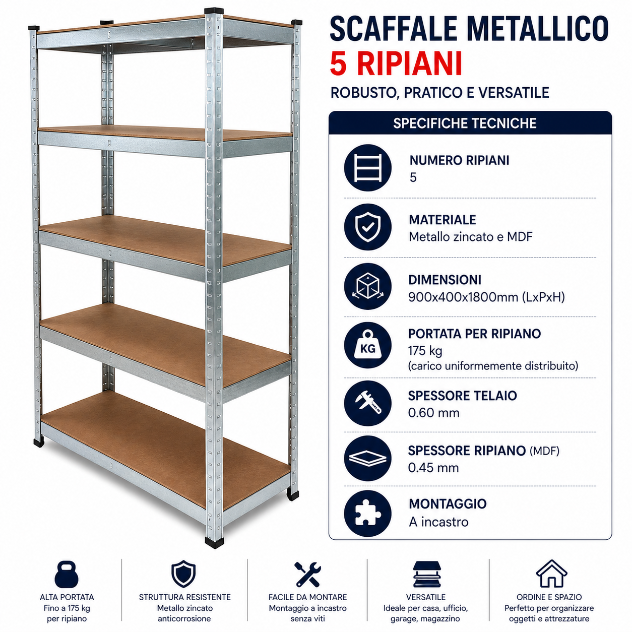 KOMBO Scaffale 5 ripiani 90x40x180cm