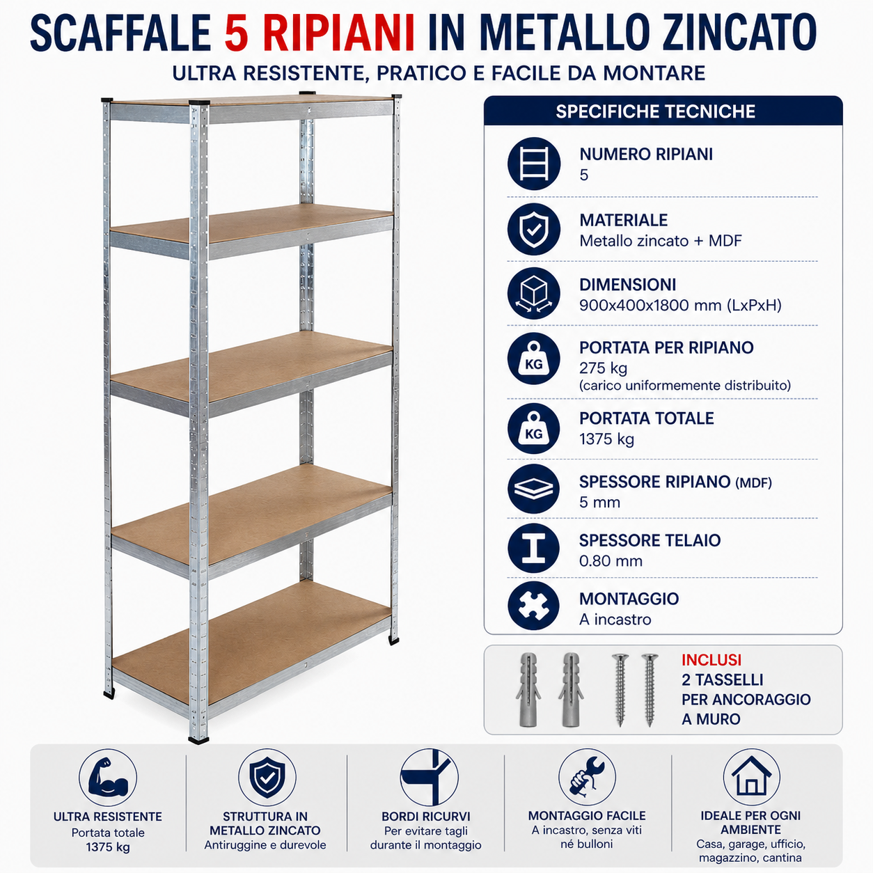 Scaffale zincato KOMBO 5 ripiani visto frontalmente in un ambiente garage ordinato