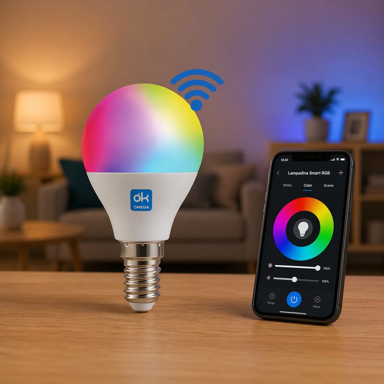 Lampadina LED Smart OMEGA E27 con colori RGB accesi.